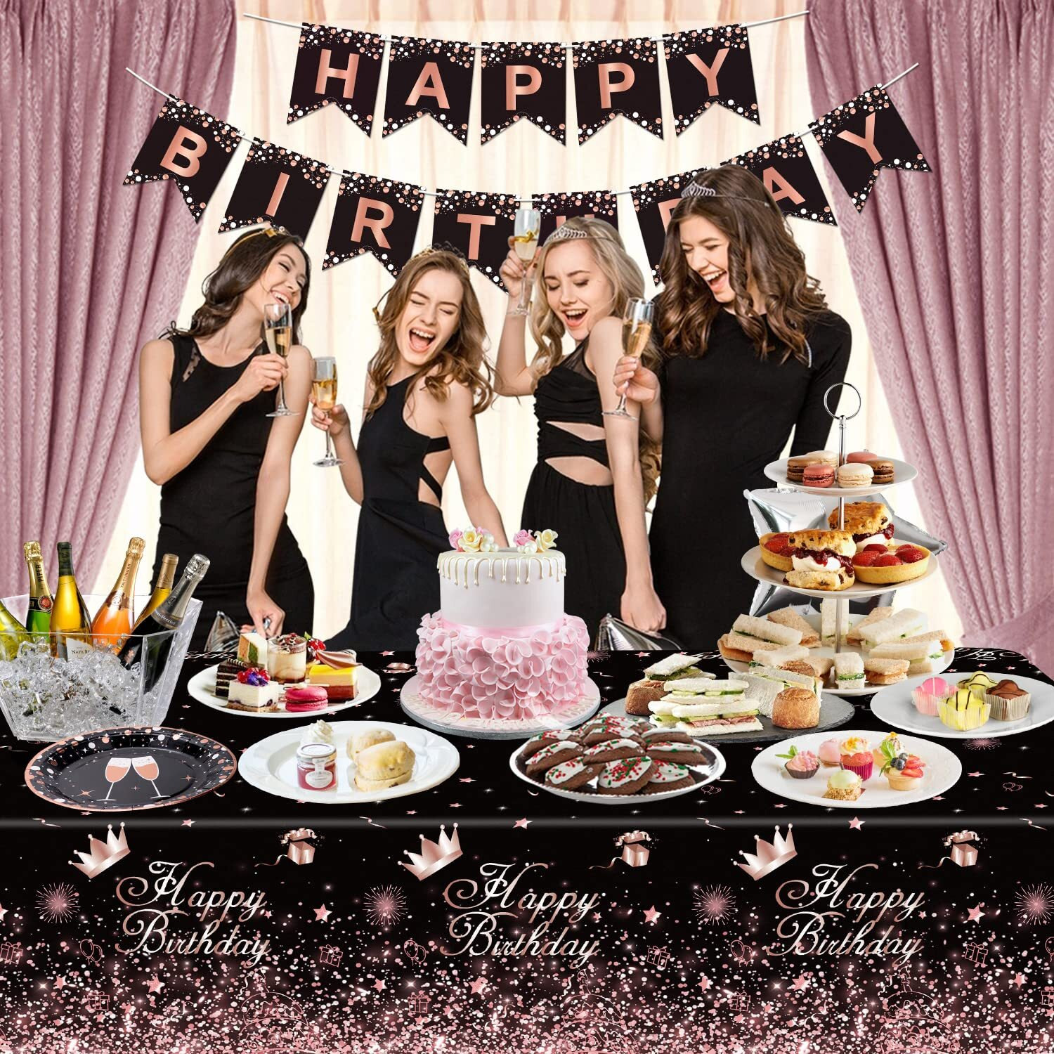 Inspireyee Black Rose Gold Plastic Tablecloth (Pack Of 4), 86 X 51 Inches Black Rose Gold Party Tablecovers For Black Rose Gold Theme Birthday Party Supplies (Black Rosegold