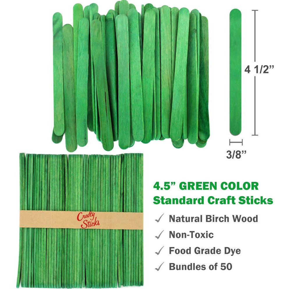 Craft Popsicle Sticks, 4.5 Inch Standard Craftysticks, Individual Colors, Natural And Multi Color Packs (Green, 200 Sticks)