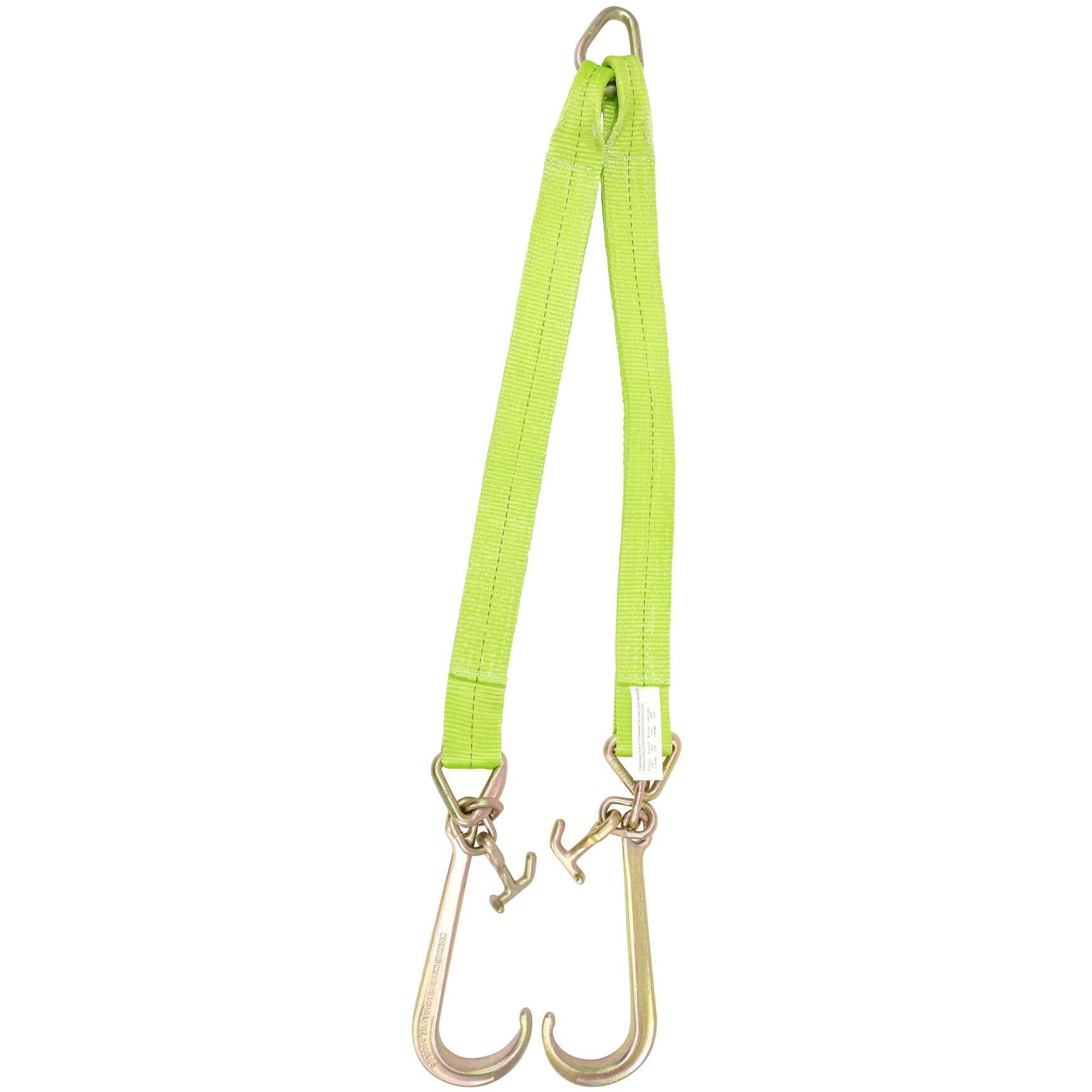 Mytee Products V Bridle Tow Strap 3&quot X 36&quot W/ 15&quot J Hook W/T-J Hooks, Hi Viz/High Abrasion Green Webbing, 5400 Lbs Wll  Recovery V-Strap W/Reinforced Webbing For Towing, Car Wrecker, Rollback