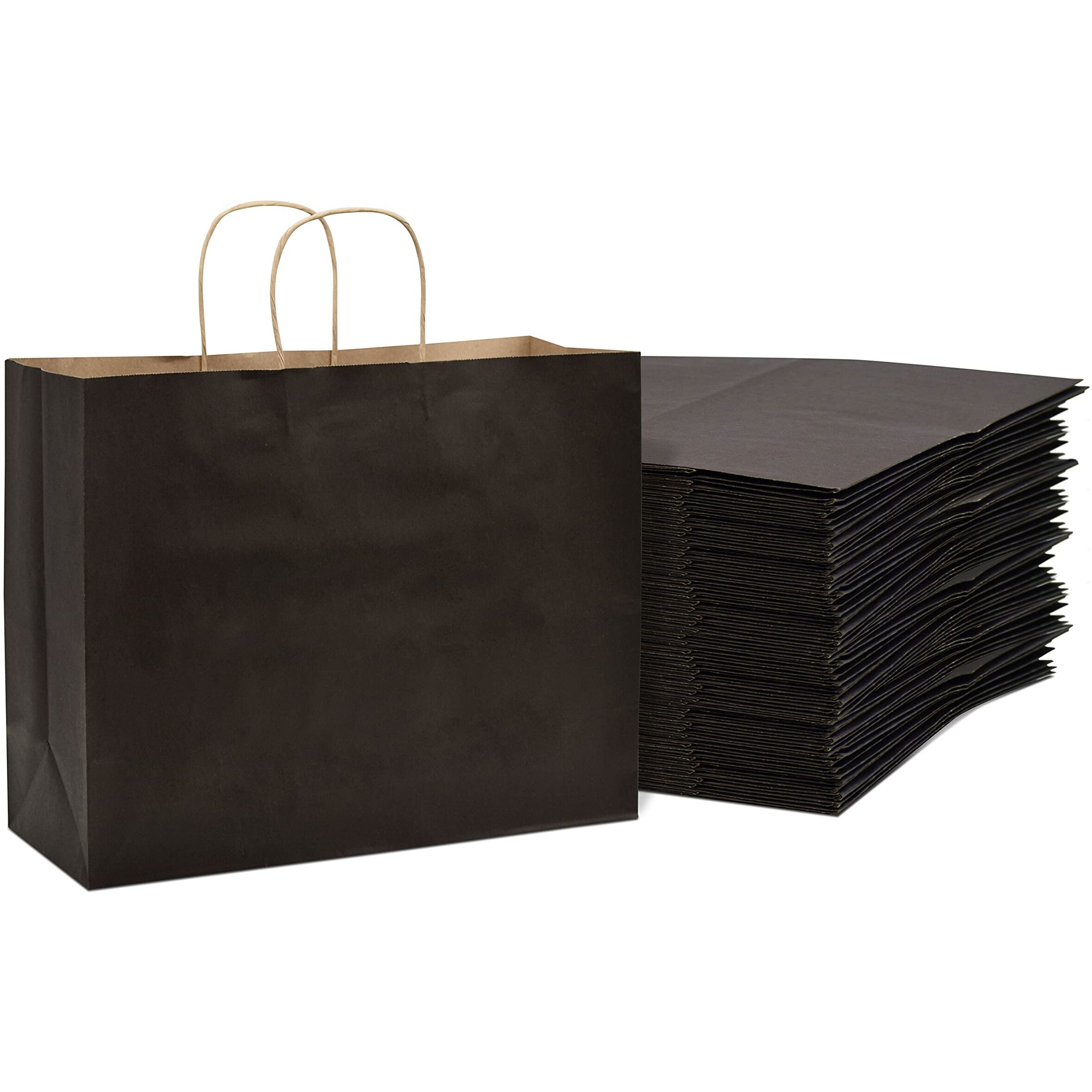 Paper Bags With Handles - 16X6X12 Inch 100 Pack Extra Large Black Gift Bags, Kraft Paper Totes For Gift Wrapping, Wedding & Birthday Party Favor, Small Business, Retail, Grocery & Shopping Use, Bulk