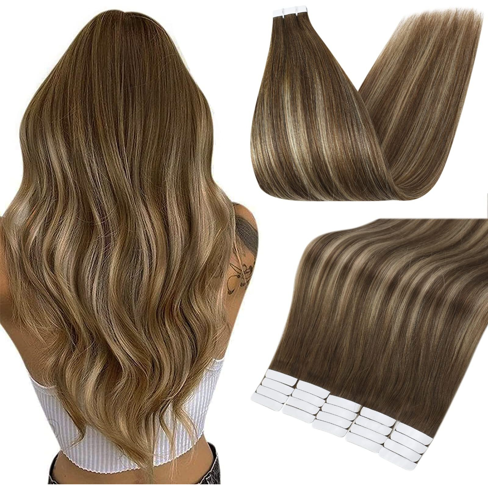 Full Shine Tape In Hair Extensions Human Hair 12 Inch Real Hair Tape In Extensions Color 4 Fading To 24 Honey Blonde Highlight 4 Brown 20 Pcs 30 Gram Tape In Remy Hair Extensions