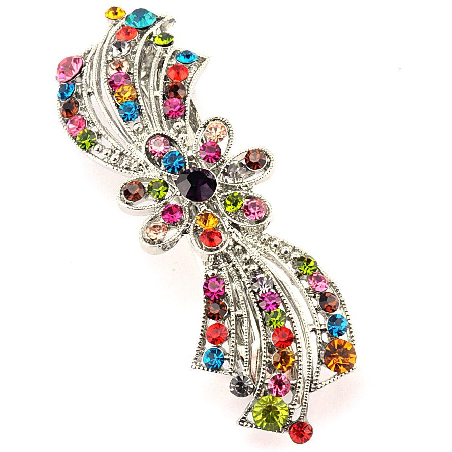 Women's Rhinestone Flower Hair Barrette Clip Hair Pin Antique Silver Imb2147, Multi