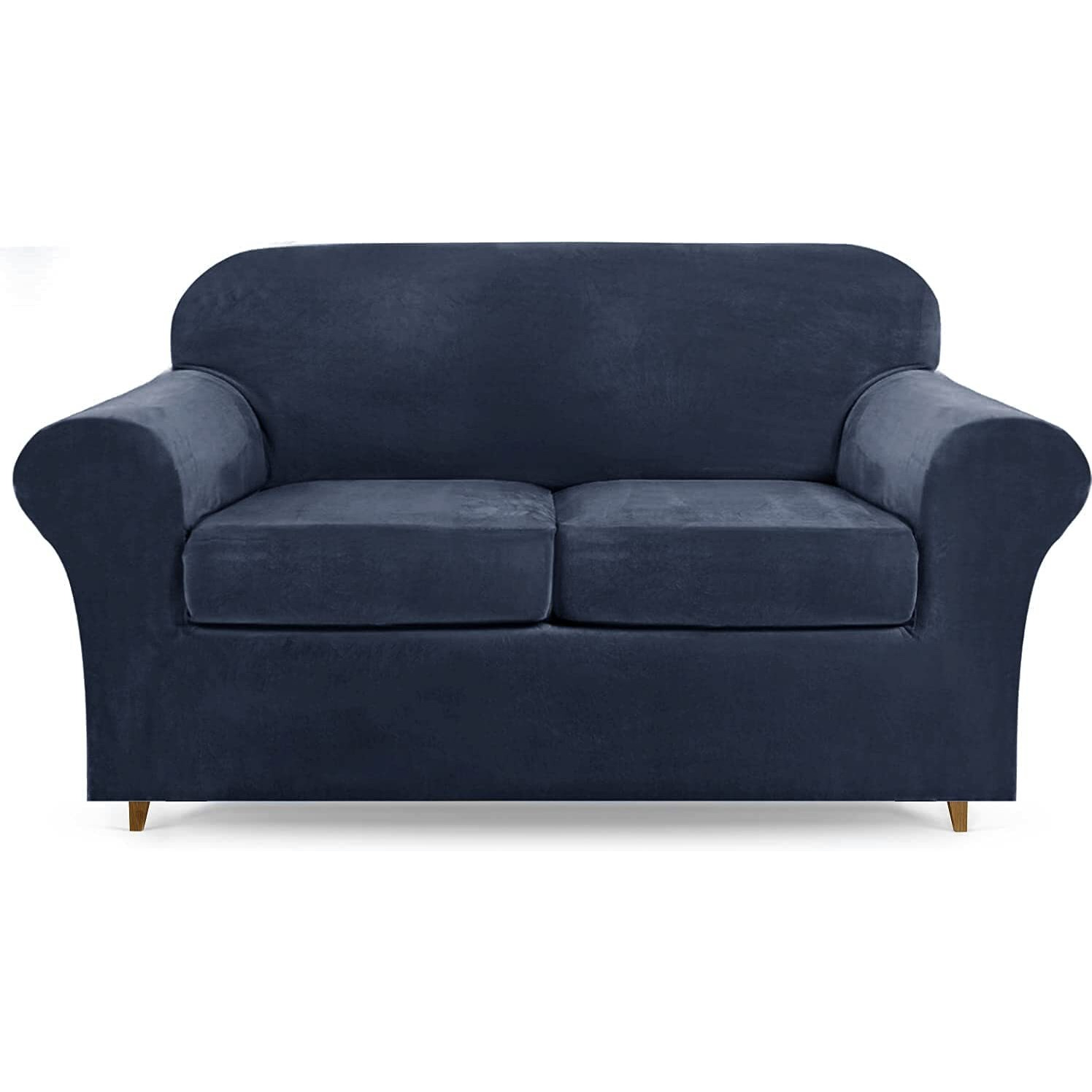 Lamberia High Stretch Sofa Cover For 2 Cushion Couch Loveseat Cover 3 Pieces Thick &Washable Plush Velvet Sofa Slipcover Couch Cover Furniture Protector For Dogs,Pets&Kids (Navy, Loveseat-L)
