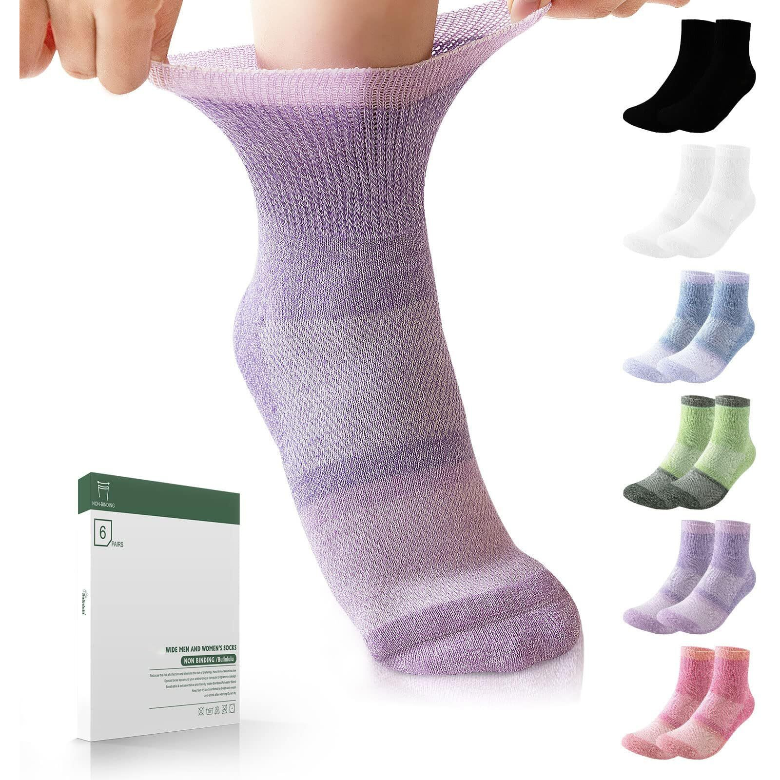 Bulinlulu Diabetic Socks For Women&Men,6 Pairs Bamboo Non Binding Diabetic Ankle Socks,Wide Socks With Seamless Toe(Medium,Bright Colors-6 Pairs)