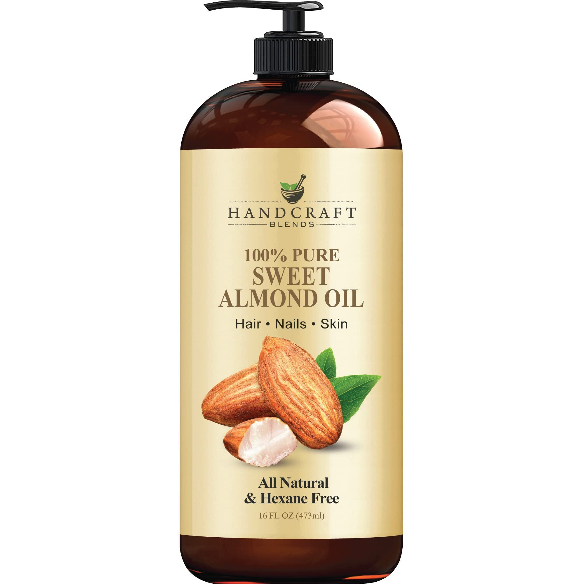 Handcraft Blends Sweet Almond Oil - 16 Fl Oz - 100% Pure And Natural - Premium Grade Carrier Oil For Skin And Hair - Hair And Body - Massage - Hexane-Free