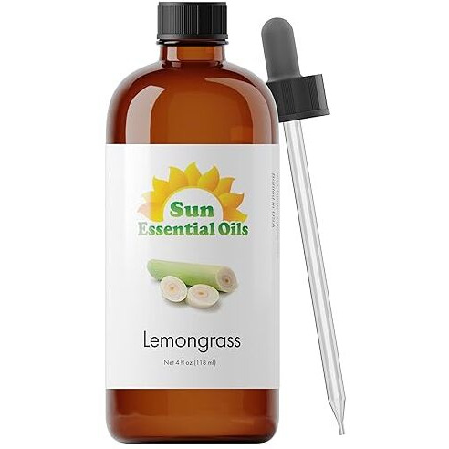 Sun Essential Oils - Lemongrass Essential Oil 4 Oz With Dropper For Diffuser, Hair & Skincare, Aromatherapy Massage, Humidifier, Candle, Soap & Lotion Making At Home