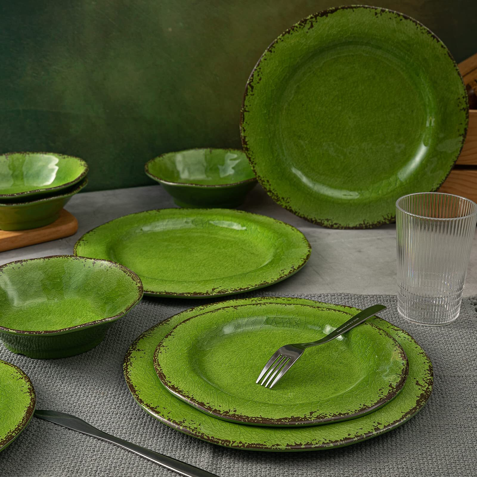 Lehaha Melamine Dinnerware Set, 12-Piece Dishes Set, Lightweight And Bpa Free Rustic Plates And Bowls Sets, Service For 4, Indoor Outdoor Use, Great For Patio, Camping, Rvs (Green)