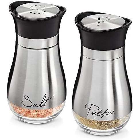 Stainless Steel Salt And Pepper Shaker Set With Glass Bottom, Perforated &quotS" And &quotP" Caps - Modern Kitchen Counter Decor (4Oz)