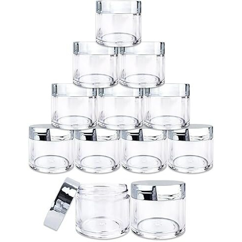 Beauticom 30G/30Ml (1 Fl. Oz.) Double Wall Clear Plastic Leak Proof Jars With Flat Top Lids For Creams, Lotions, Make Up, Powders, Glitters, And More... (Color Metallic Silver Lid, Pieces 12)