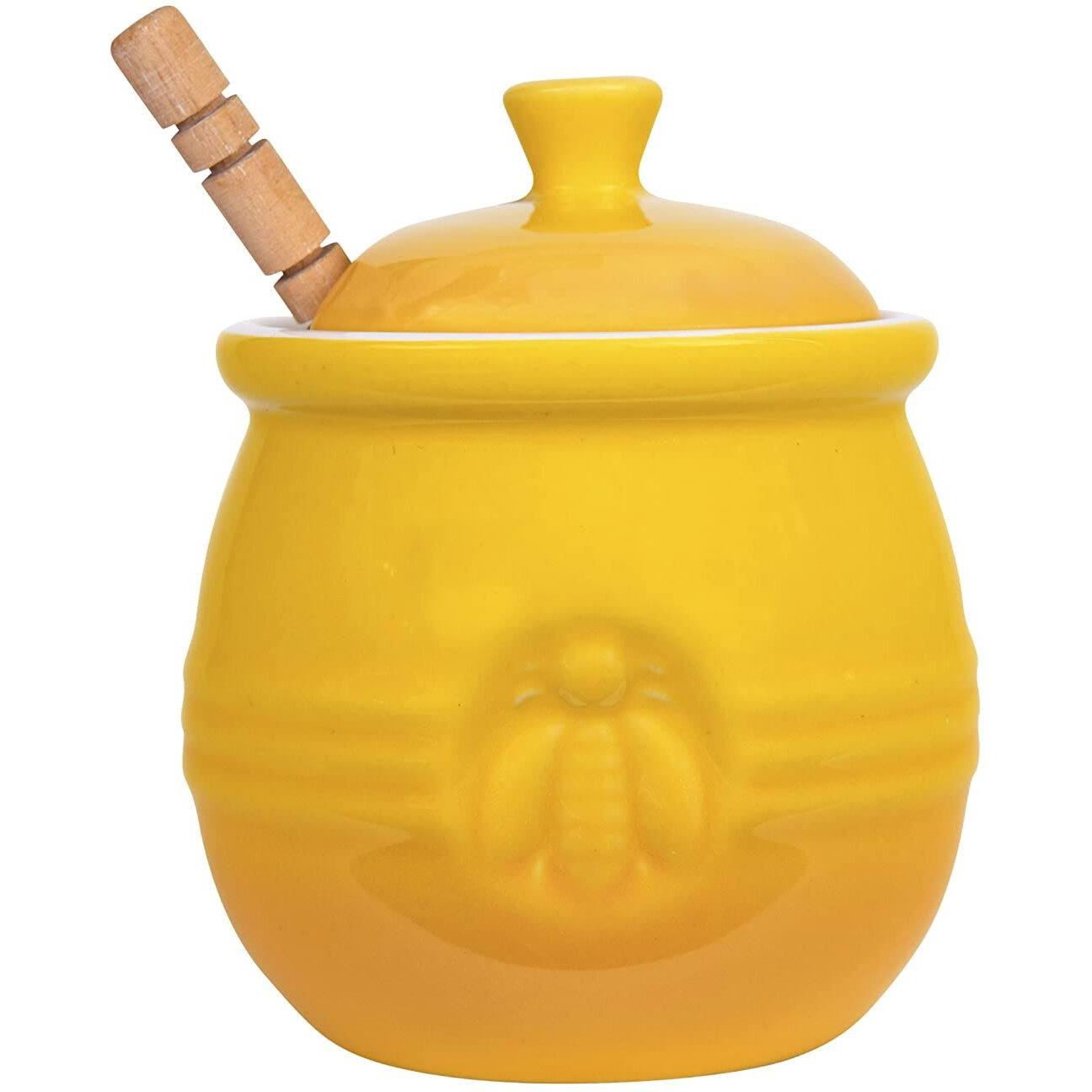 Creative Co-Op Farmhouse Embossed Stoneware Honey Pot With Wood Honey Dipper, Yellow