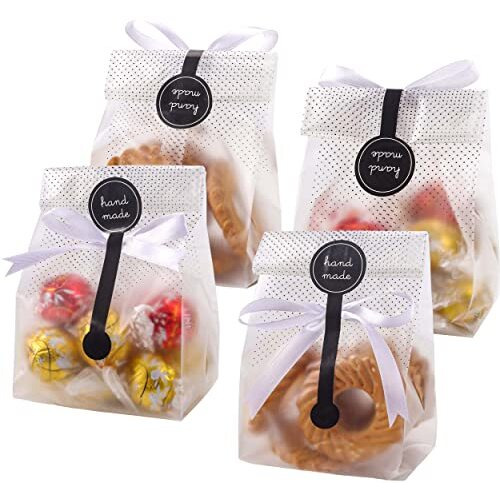 Yunko Cookie Bags For Gift Giving Cellophane Clear Treat Bags For Favors Mini Loaf,Bundt Cake,Hot Cocoa Bomb Packaging With Stickers(100Pack,Black Dot)