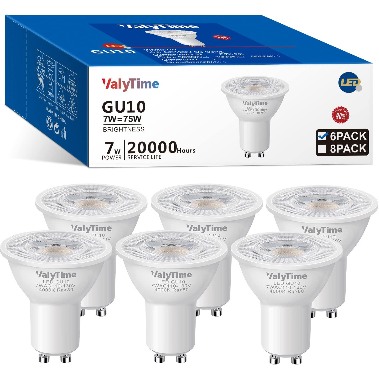 Valytime Gu10 Led Light Bulbs 7W (50W -60W-75W Equivalent) Gu10 Shape Halogen Replacement Bulb 38 120V 650Lm Non-Dimmable For Track Spot Lighting Indoor Recessed,Natural White 4000K 6 Pack