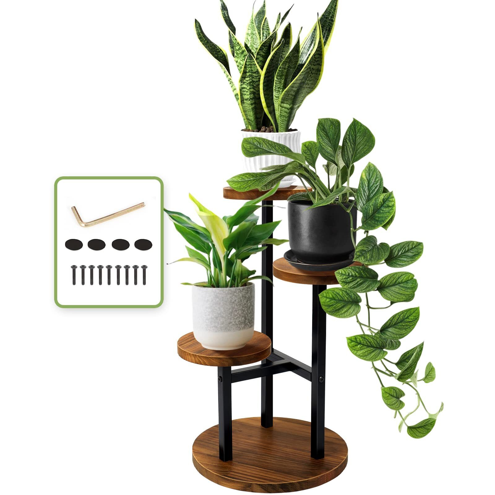Augosta 3 Tier Plant Stand, Tall Metal Wood Shelf Holder For Indoor, Outdoor Display Rack Flower Pot Stand For Corner Living Room Balcony Garden Patio