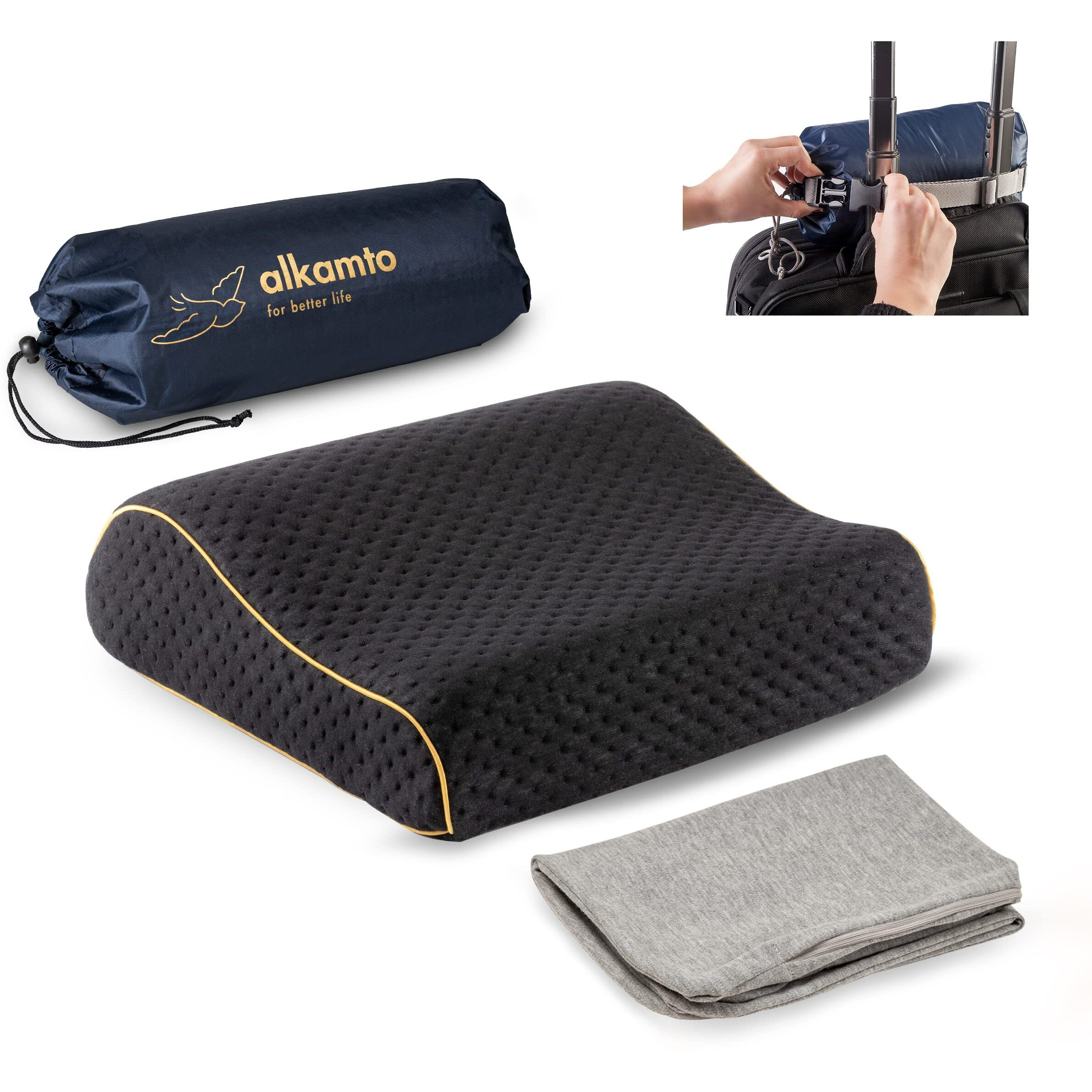 Alkamto Travel & Camping Comfortable Memory Foam Pillow With Extra Cotton Cover - Easy To Carry Portable Bag - Temperature Regulating Pillow Case - Perfect For Travelling (Black)