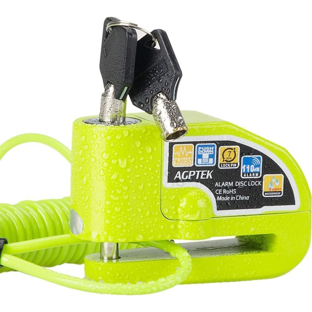 Agptek 110Db Motorcycle Brake Lock With 5Ft Reminder Cable, Anti-Theft Padlock Waterproof With Lock Pin Carrying Bag For Motorcycle Bike Scooter, Green