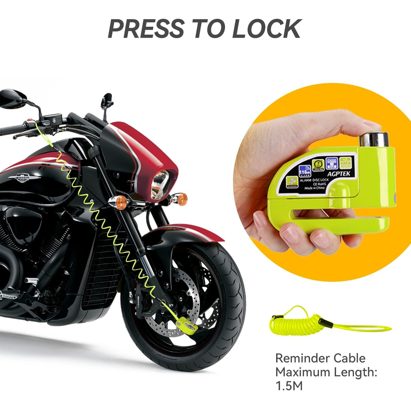 Agptek 110Db Motorcycle Brake Lock With 5Ft Reminder Cable, Anti-Theft Padlock Waterproof With Lock Pin Carrying Bag For Motorcycle Bike Scooter, Green
