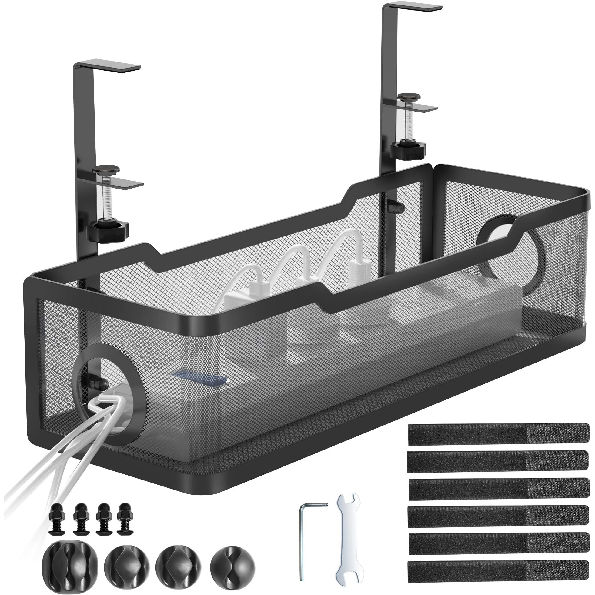 Under Desk Cable Management Tray Black, Cinati Cable Management Under Desk No Drill, Cable Tray With Clamp For Desk Wire Management,Desk Cable Management Box For Office, Home - No Damage To Desk