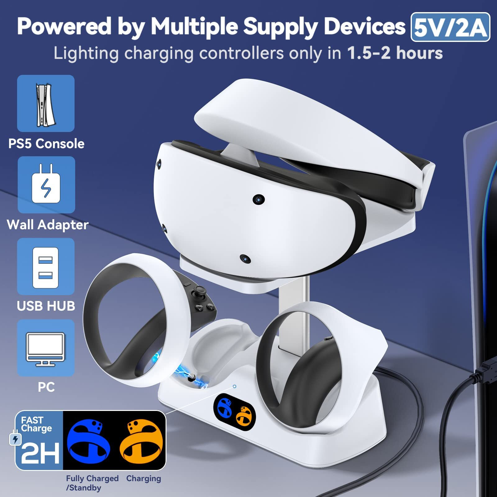 Controller Charging Dock For Ps5 Vr2, Psvr 2 Charging Station With Vr Headset Holder Display Stand, Ps Vr2 Controller Charger For Psvr2 Accessories With Led Indicator, 2 Magnetic Clasp & Type-C Cable