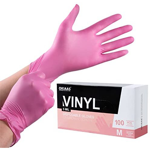 Okiaas Pink Disposable Gloves Medium, Vinyl Gloves Disposable Latex Free, 5 Mil, 50 Count, For Food Prep, Household Cleaning, Hair Dye, Tattoo