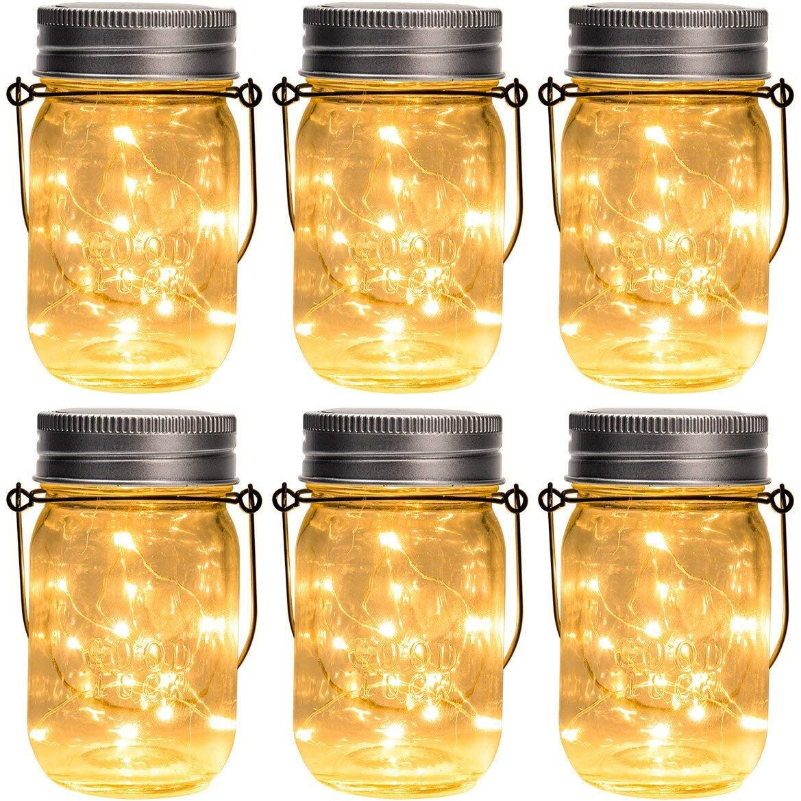 Gigalumi Hanging Solar Mason Jar Lights, 6 Pack 30 Led String Fairy Lights Hanging Solar Lanterns Outdoor Waterproof, Hangers And Jars Included, Outdoor Decor For Garden, Patio, Yard, Porch, Wedding