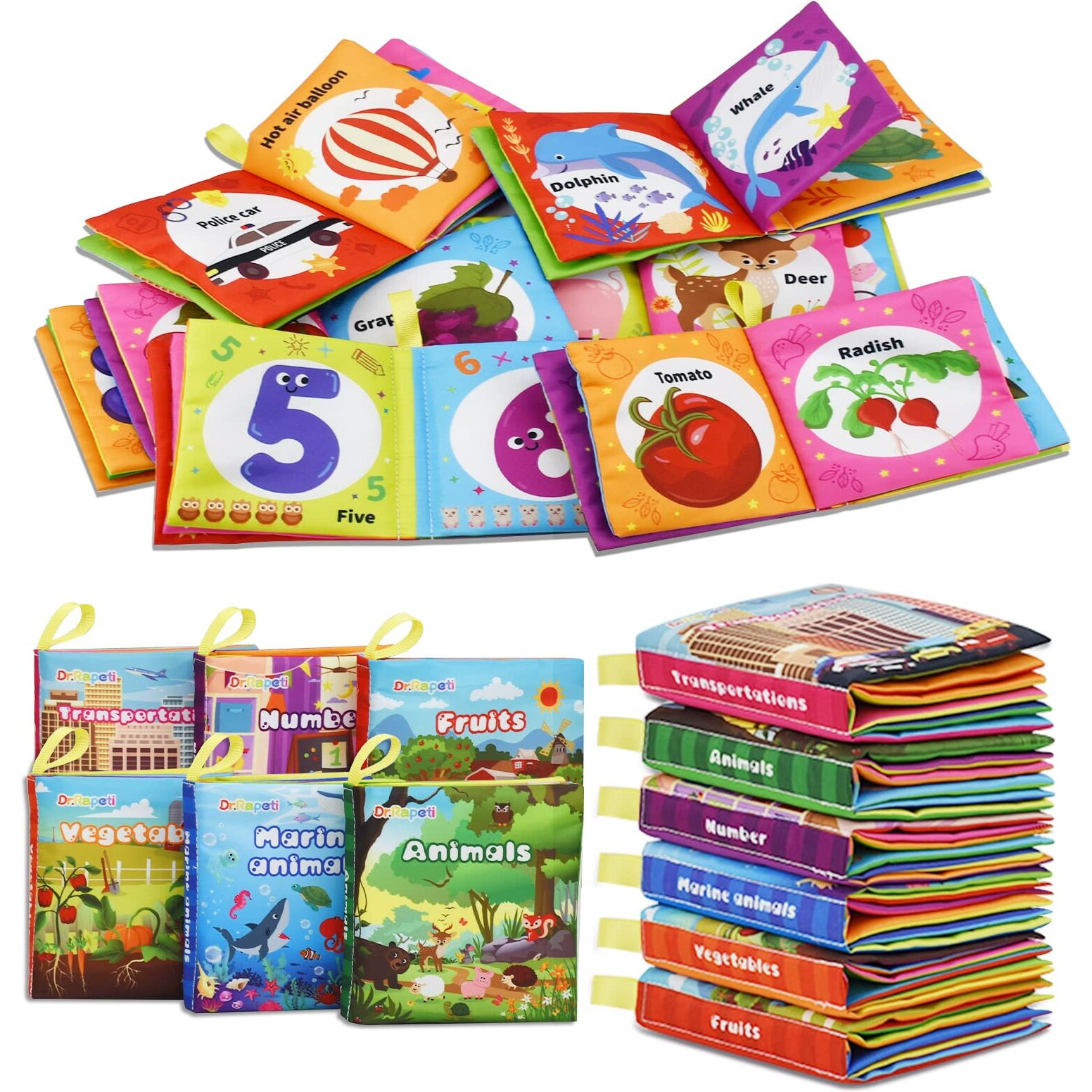 Dr.Rapeti Soft Cloth Books Baby Books Bath Books 6-Pack For Baby Infant Toddler Kids Crinkle Squeaky Washable Chewable Non-Toxic Early Educational Giftable