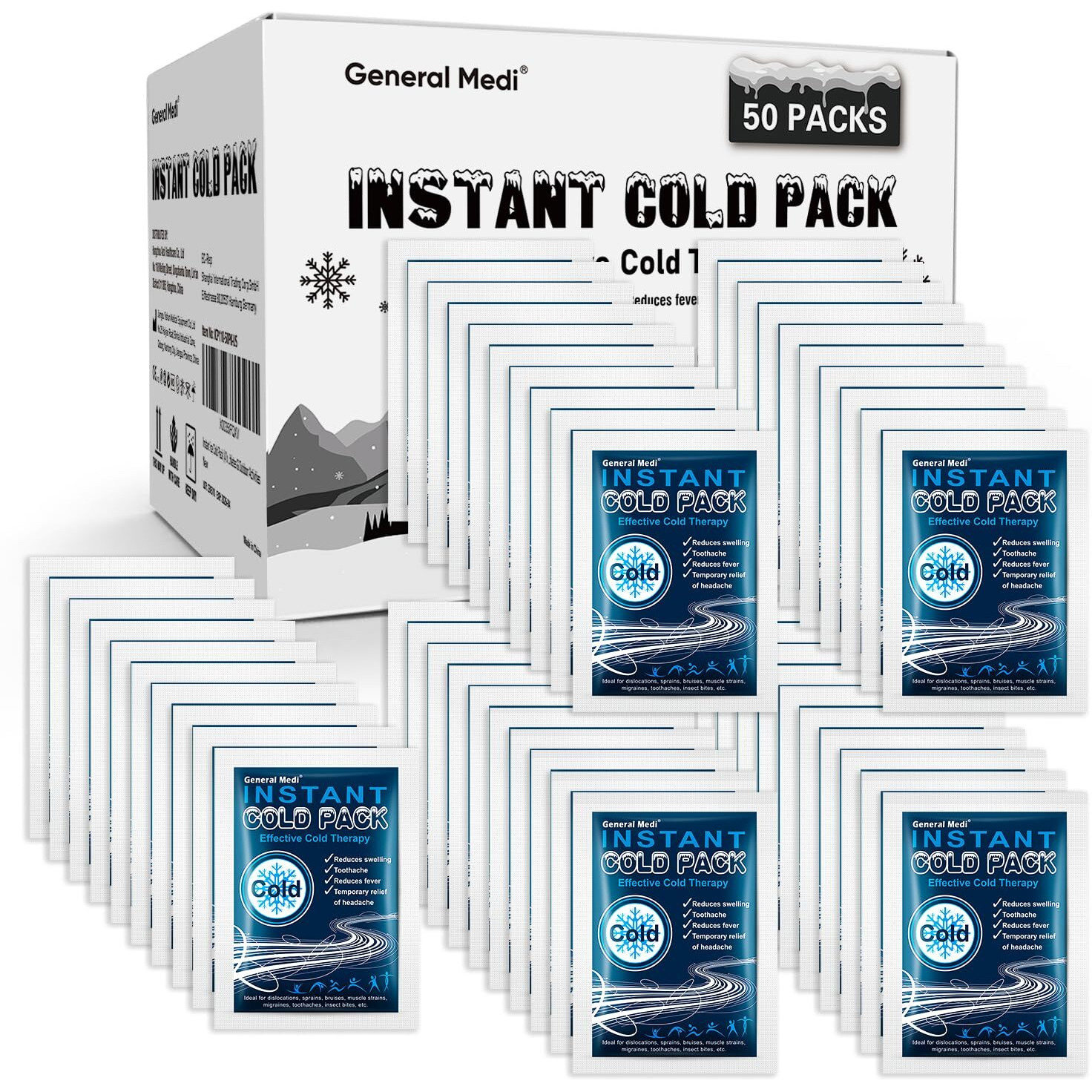 General Medi Instant Ice Cold Pack (4X 5.5) - 50 Packs Disposable Cold Therapy Ice Packs For Pain Relief, Swelling, Inflammation, Sprains, Toothache - For Athletes & Outdoor Activities