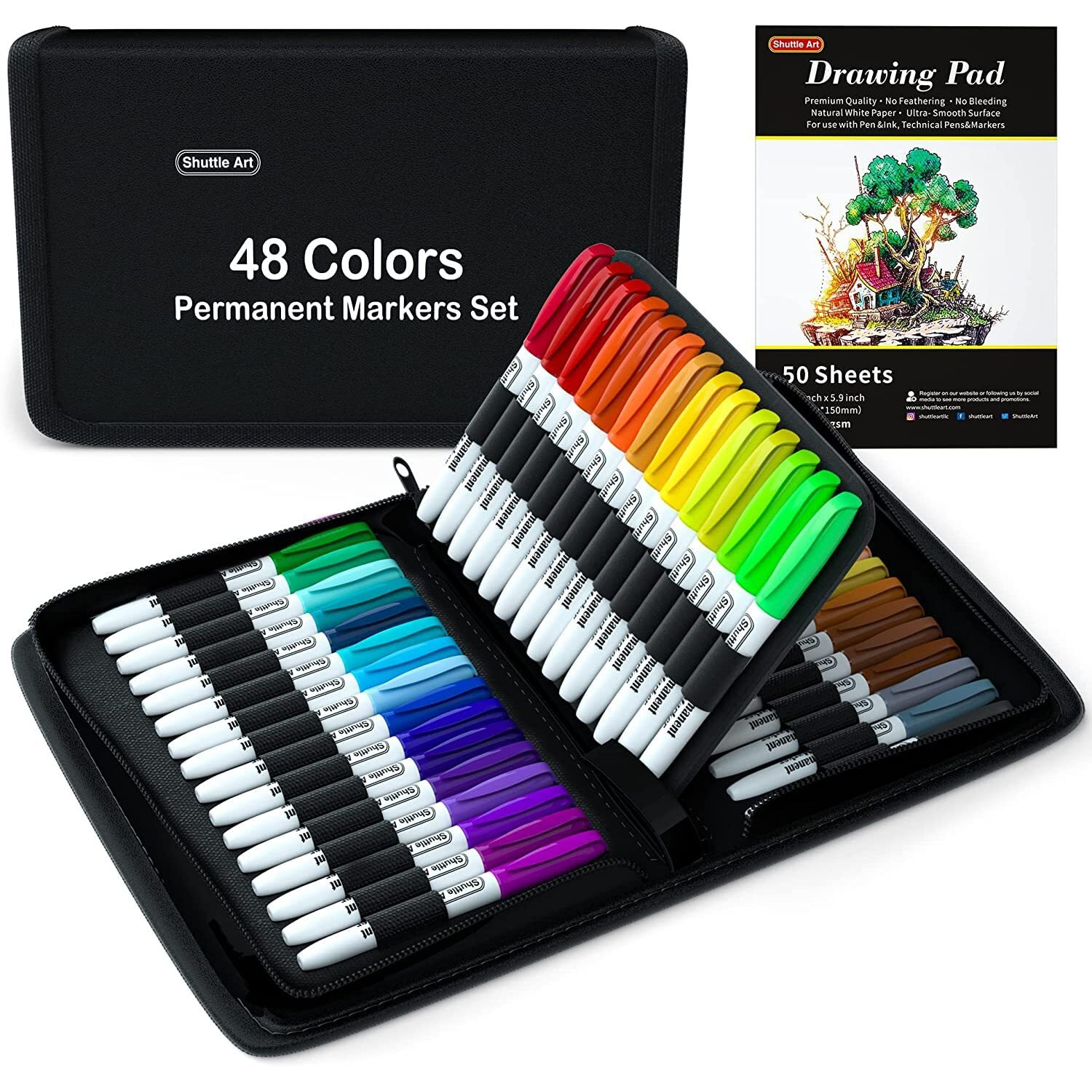 Shuttle Art Permanent Markers, 48 Colors Fine Point, Assorted Colors With Travel Case, Ideal For Adults Coloring Doodling On Plastic, Glass, Wood And Stone, Gift For Kids