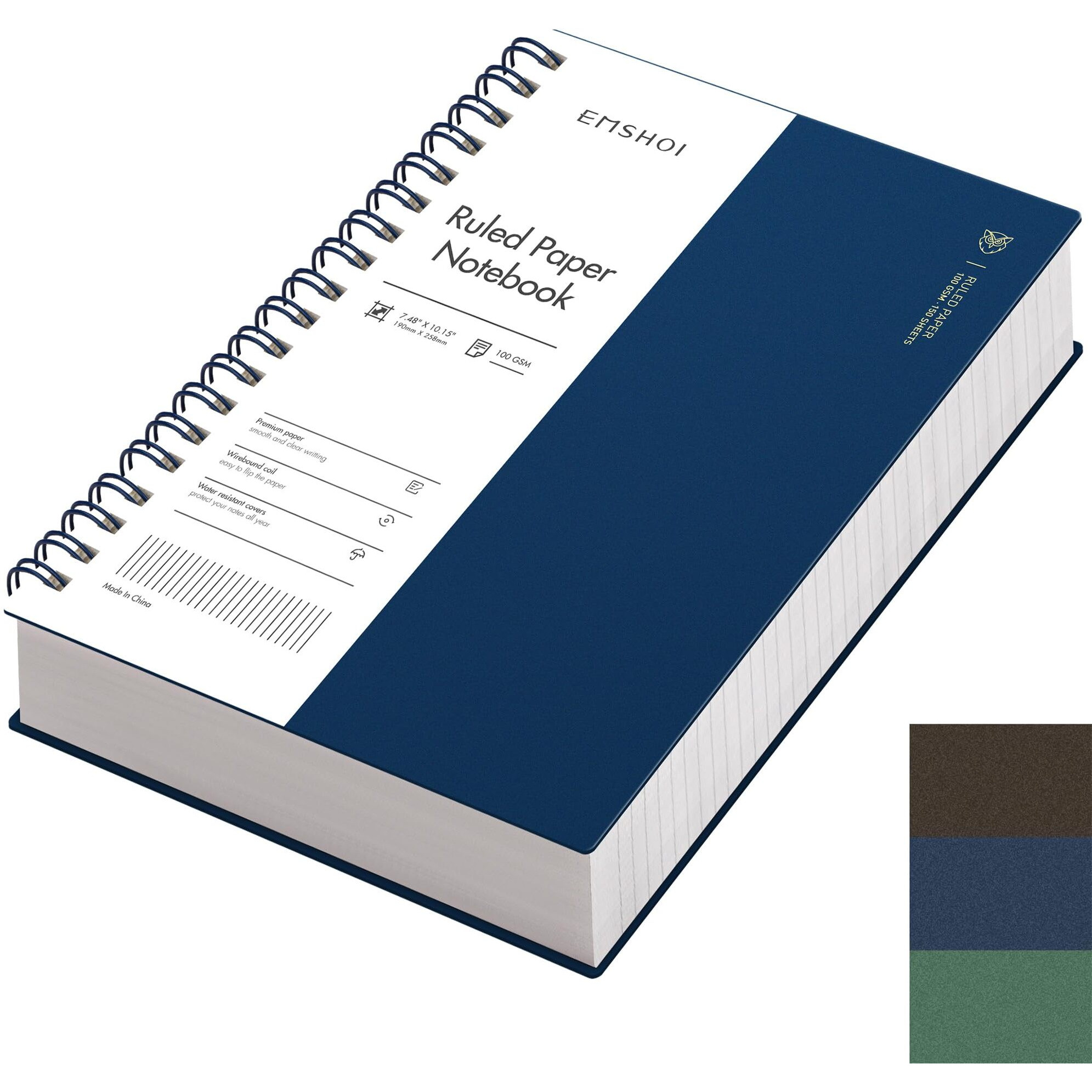 Emshoi B5 Spiral Notebook College Ruled Lined Journal, Large 7.48" X 10.15", 300 Pages/150 Sheets, 100Gsm Thick Paper, Waterproof Hardcover, For Office School Women Men Work Writing Notes, Blue