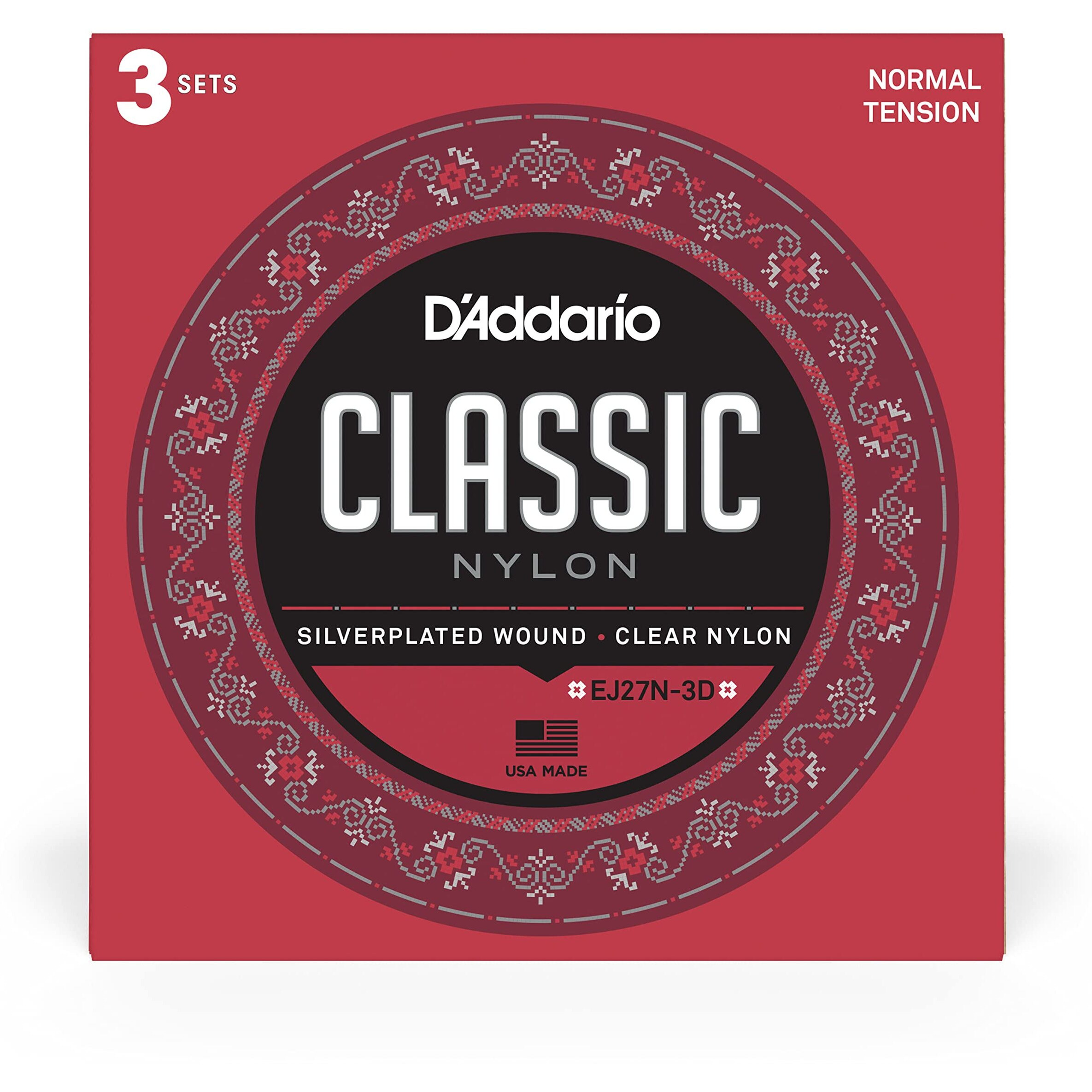 D'Addario Guitar Strings - Classic Nylon Guitar Strings - Ej27N Classical Guitar Strings - Silver Plated Wrap, Nylon Core, Clear Student Nylon Trebles - Normal Tension, 3-Pack