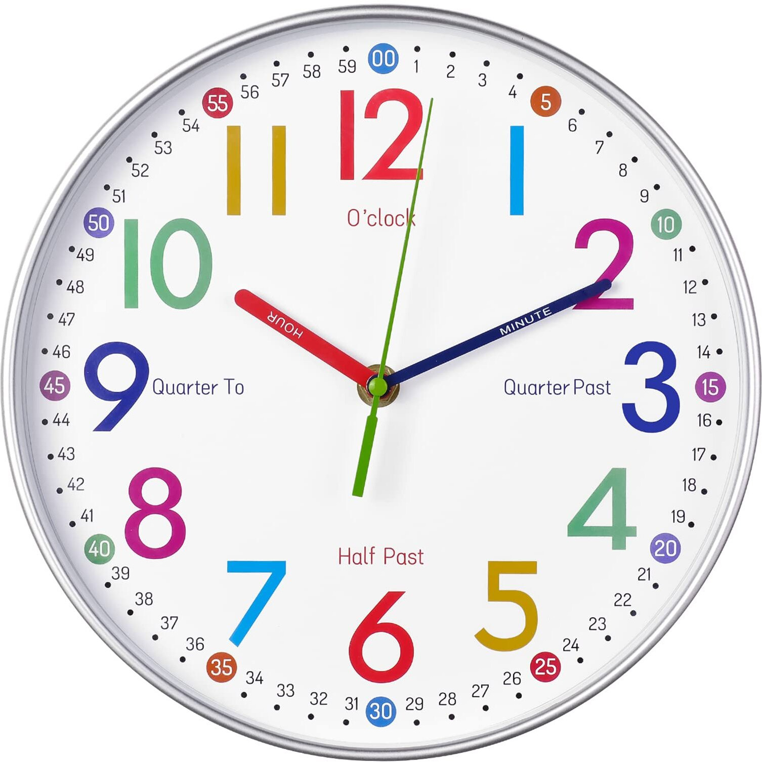 Telling Time Teaching Clock - Learning Clock For Kids - Kids Wall Clocks For Bedrooms - Kids Wall Clock- Silent Analog Kids Clock For Teaching Time ,For School Classrooms Playrooms And Kids Bedrooms