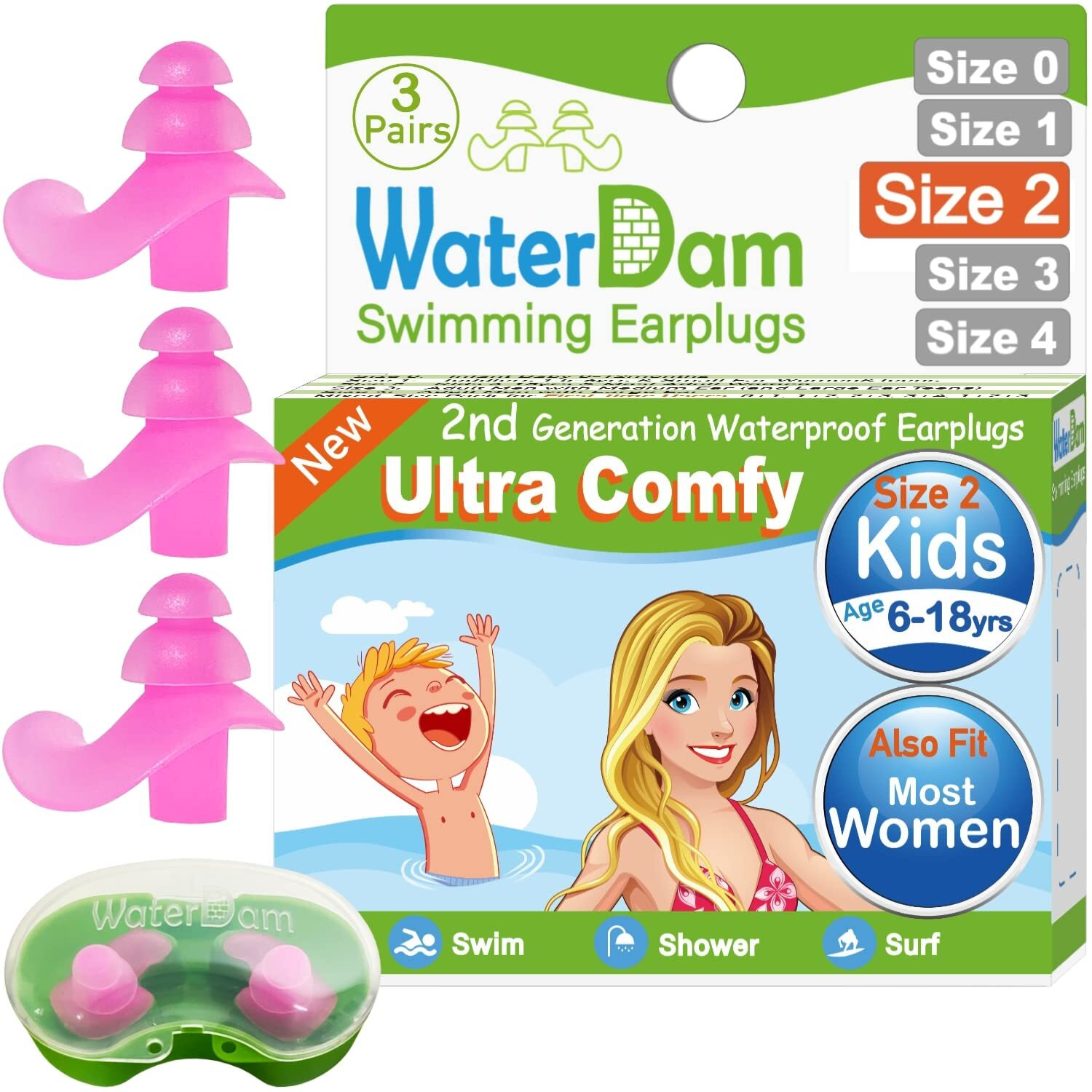 Waterdam Swimming Ear Plugs Great Waterproof Ultra Comfy Earplugs Prevent Swimmer's Ear (Size 2+2+2 Kids Teens Medium Ear Women Small Ear Men (Pink Pink Pink))
