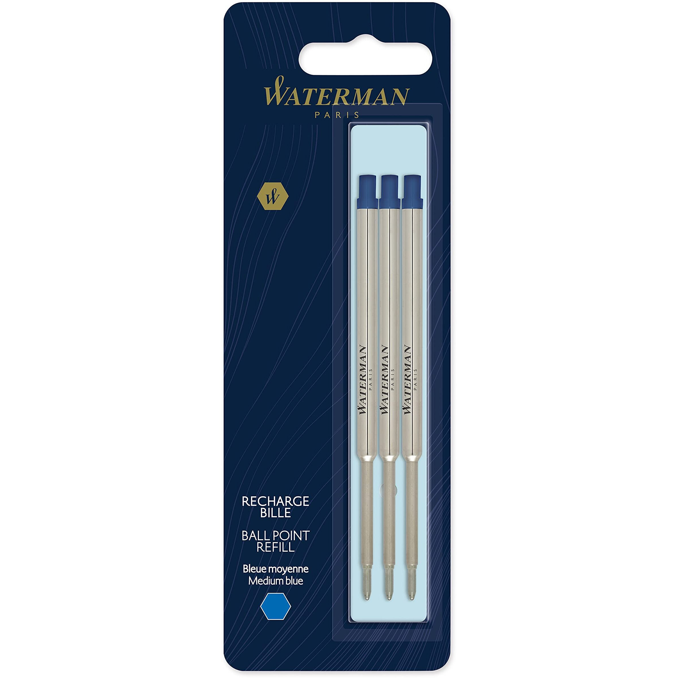 Waterman Ballpoint Pen Refil, Medium Point, Blue Ink, 3 Count