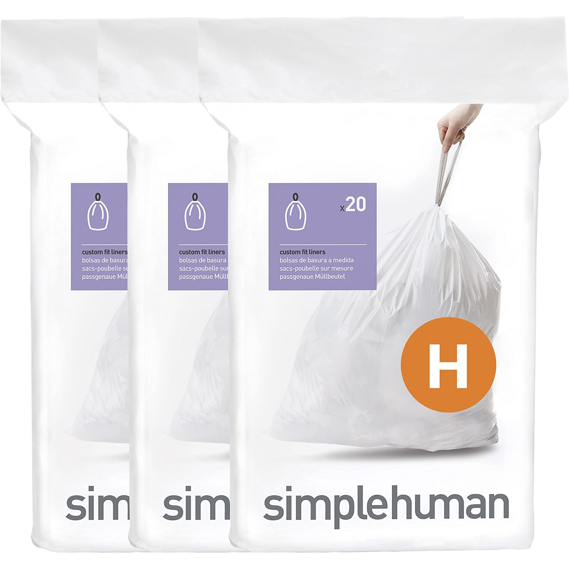 Simplehuman Code H 60 Count, Genuine Custom Fit Liners, Drawstring Trash Bags In Dispenser Packs, 30-35 Liter / 8-9.2 Gallon, White