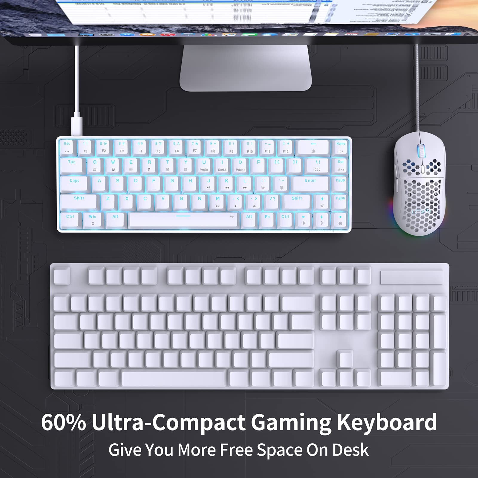 Dierya T68Se Wired 60% Mechanical Gaming Keyboard, Led Backlit Ultra-Compact 68 Keys Office Keyboard With Stand-Alone Arrow/Control Keys For Windows Laptop Pc Mac, Clicky Blue Switch, White