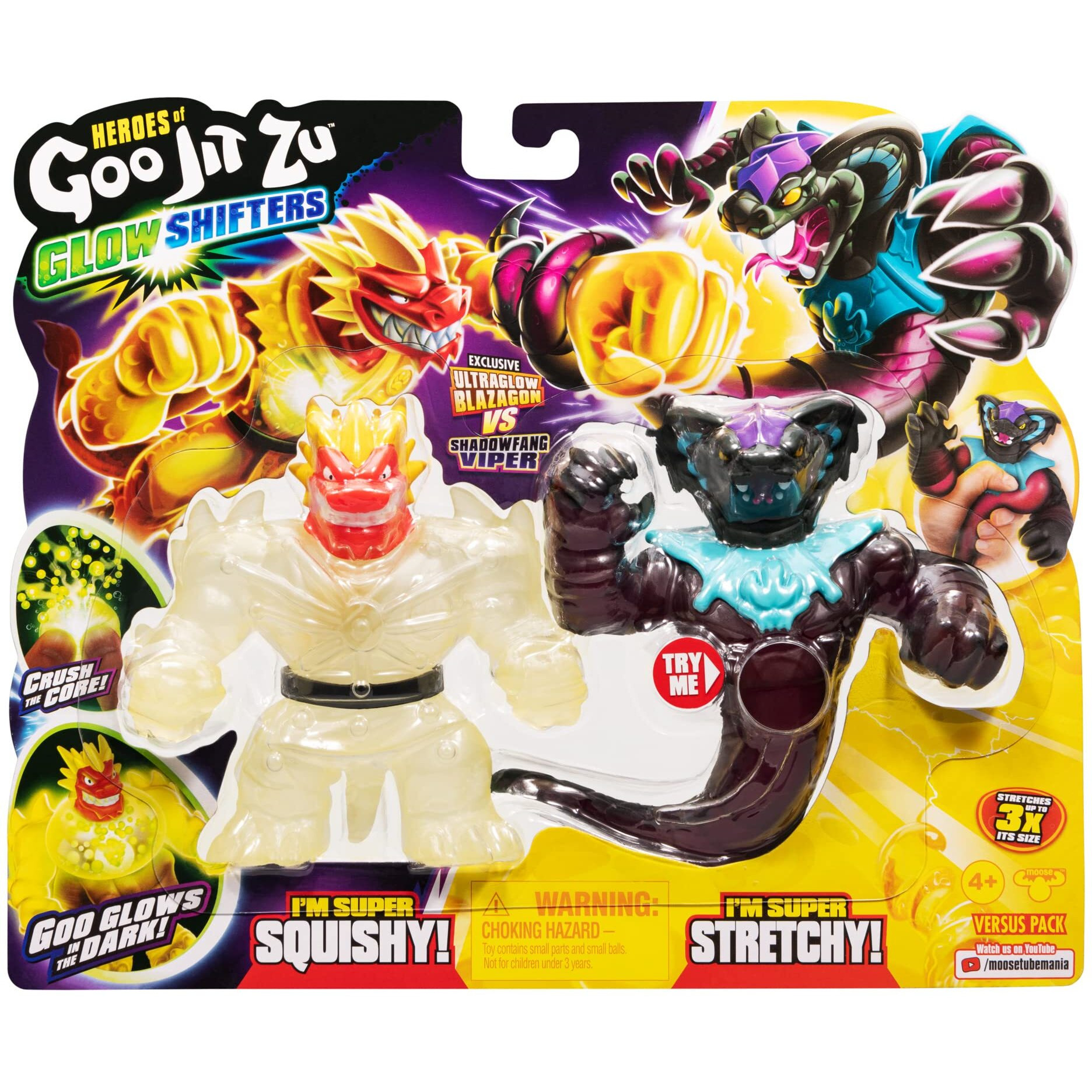 Heroes Of Goo Jit Zu Glow Shifters - Versus Pack, Ultraglow Blazagon Vs Shadowfang Viper. One With Unique Glow-In-The-Dark Goo Transformation. Crush The Core, Goo Glows In The Dark.