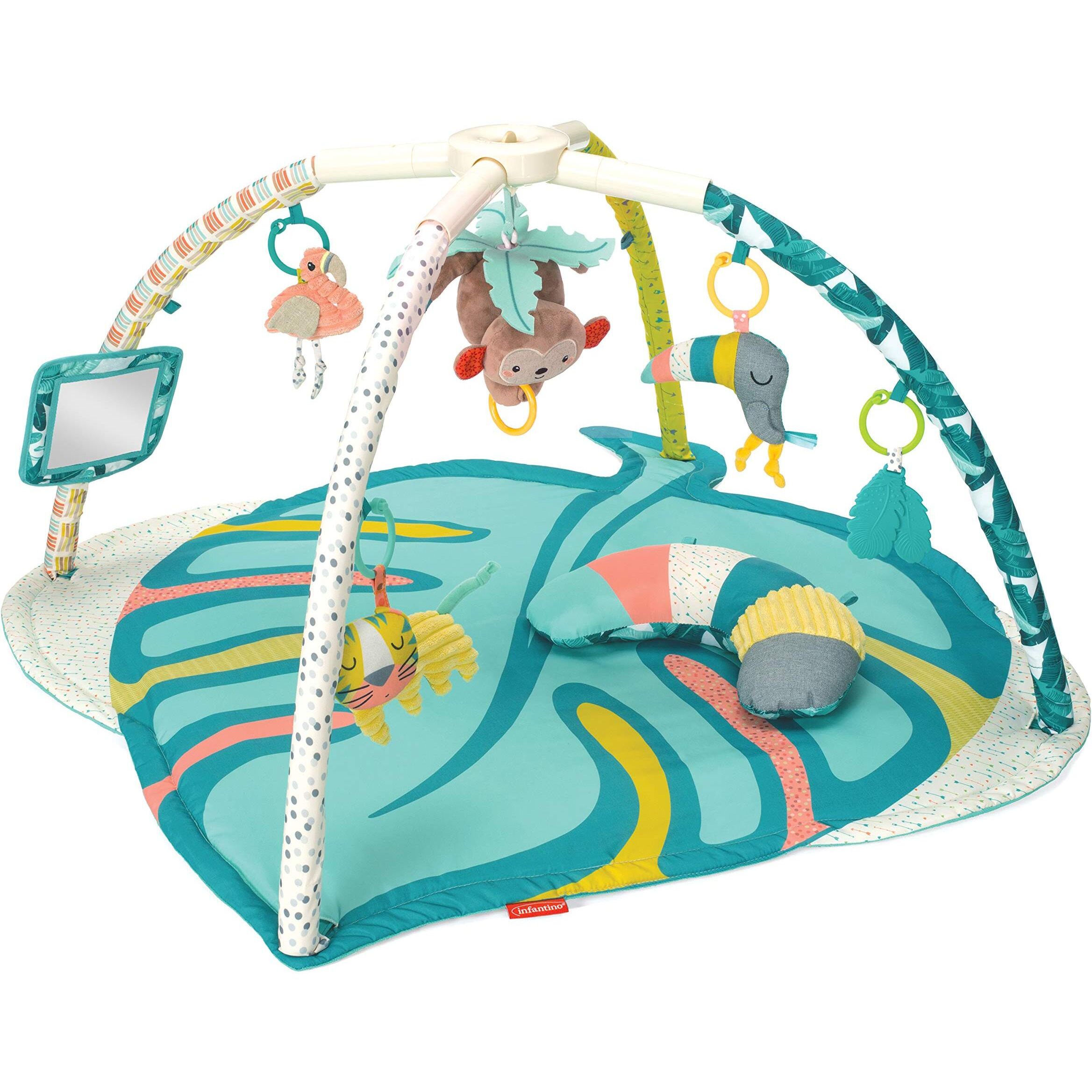 Infantino 4-In-1 Deluxe Twist & Fold Activity Gym & Play Mat, Tropical - Includes Linkable Toys, Musical Monkey, Mirror And Bolster Pillow, For Newborns, Babies And Toddlers