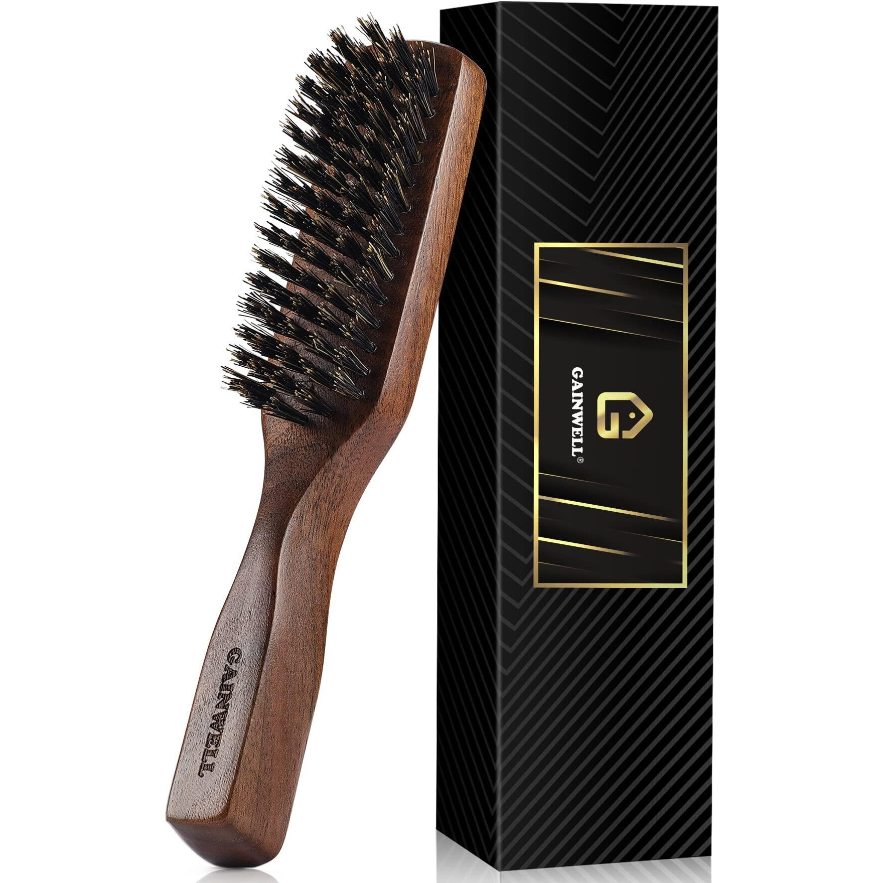Mens Wild Boar Bristle Hair Brush For Men - Slick Back Hair Brush - Stiff Bristles For Thick Hair, Natural Black Walnut Wooden Handle Hairbrush, Beard Mustache Brush Comb By Gainwell