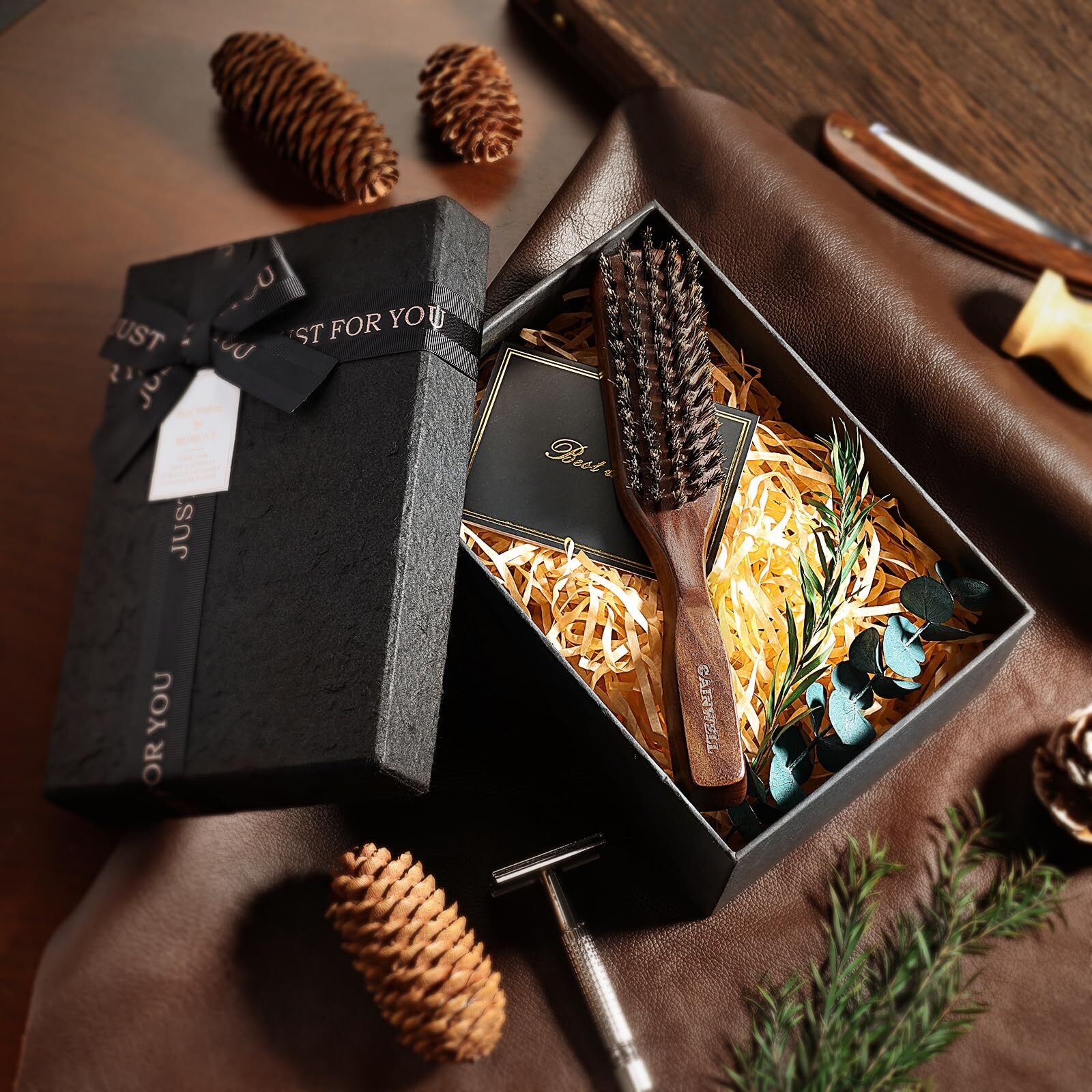 Mens Wild Boar Bristle Hair Brush For Men - Slick Back Hair Brush - Stiff Bristles For Thick Hair, Natural Black Walnut Wooden Handle Hairbrush, Beard Mustache Brush Comb By Gainwell