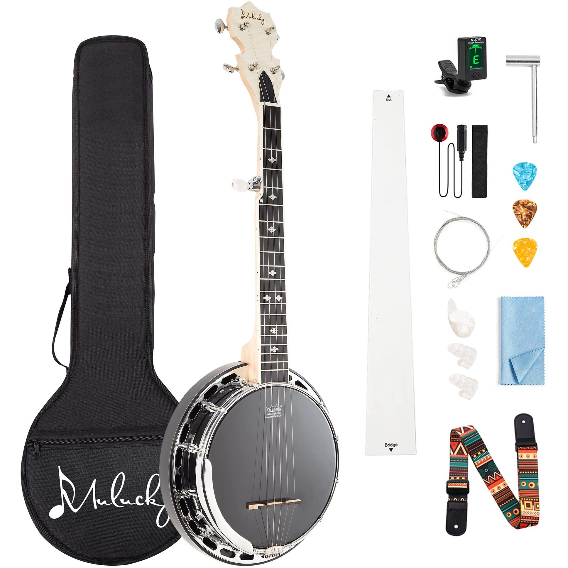 Mulucky 5 String Banjo Mini, 28 Inch Travel Banjo With Remo Head, Resonator And Geared 5Th Tuner, Beginning Kit With Tuner Strap Wrench Picks Ruler - B803