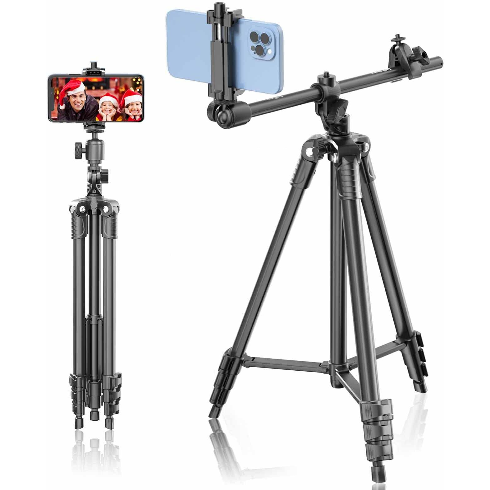 Phone Tripod, Lusweimi 67-Inch Horizontal Tripod Stand With 360 Adjustable Ball Head And Wireless Remote For Camera/Iphone/Webcam, Tripod For Video Recording With Extended Arm/Clip Mount/Carry Bag