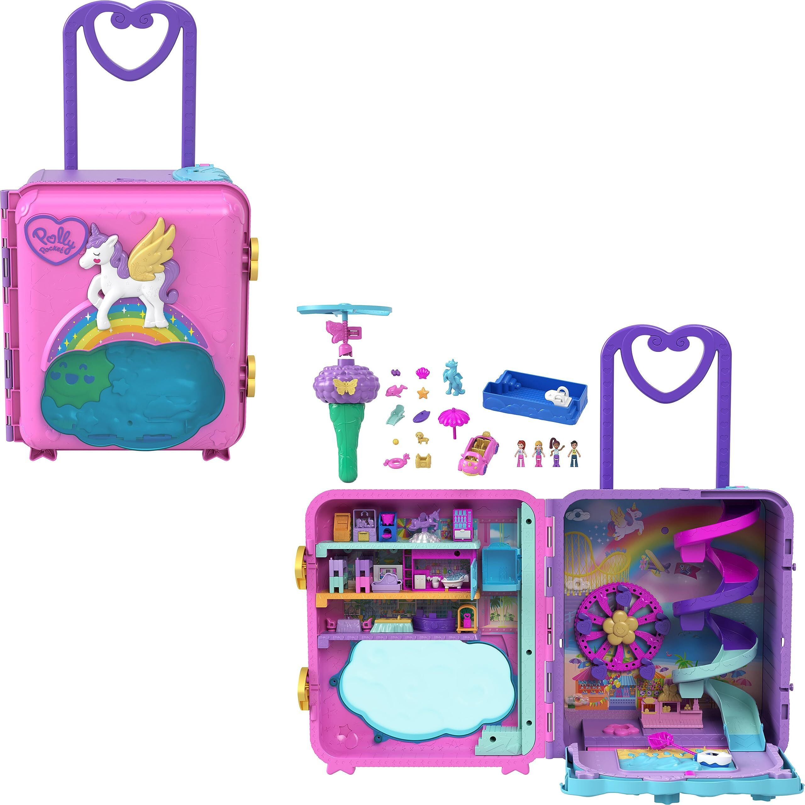 Polly Pocket Dolls, Playset And Travel Toys, 4 Dolls, 1 Vehicle, 25+ Accessories, Resort Roll Away