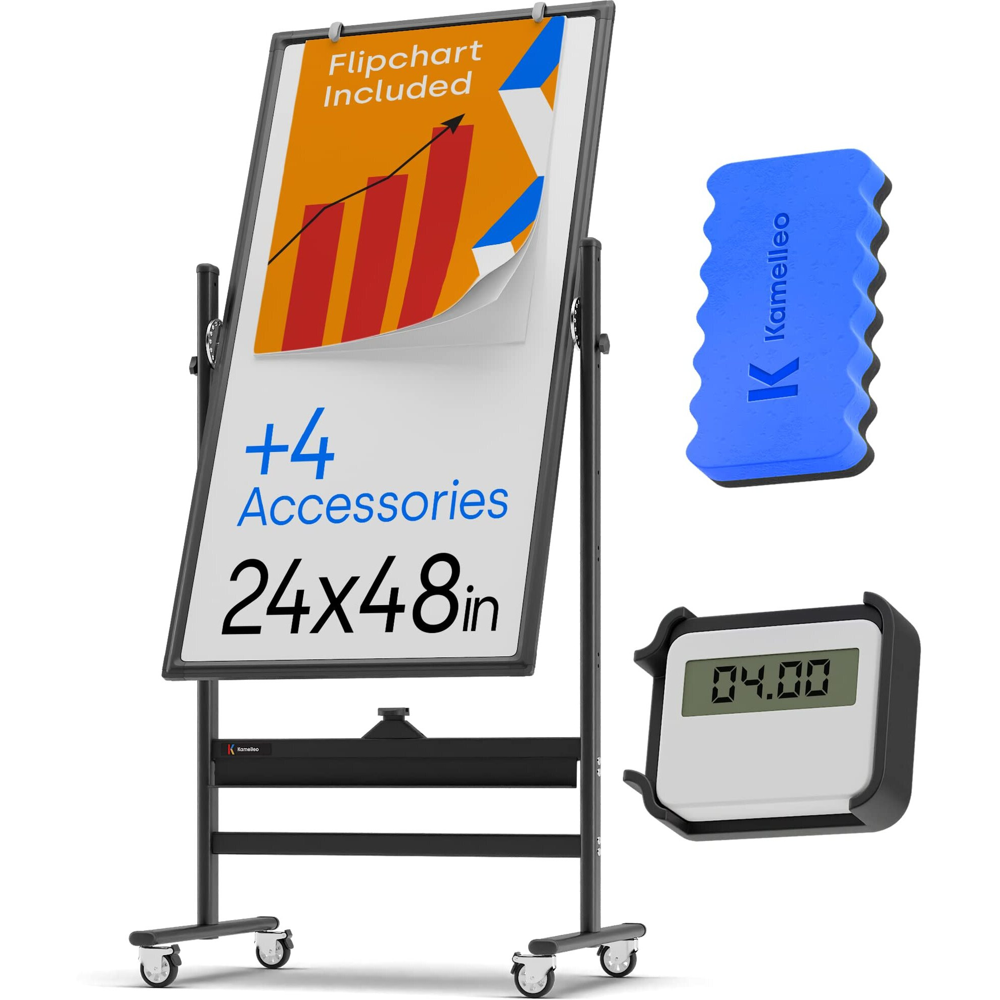 Rolling Magnetic Whiteboard 24 X 48 - Large Portable Dry Erase Board With Stand - Double Sided Easel Style Whiteboard With Wheels - Mobile Standing Whiteboard For Office, Classroom & Home