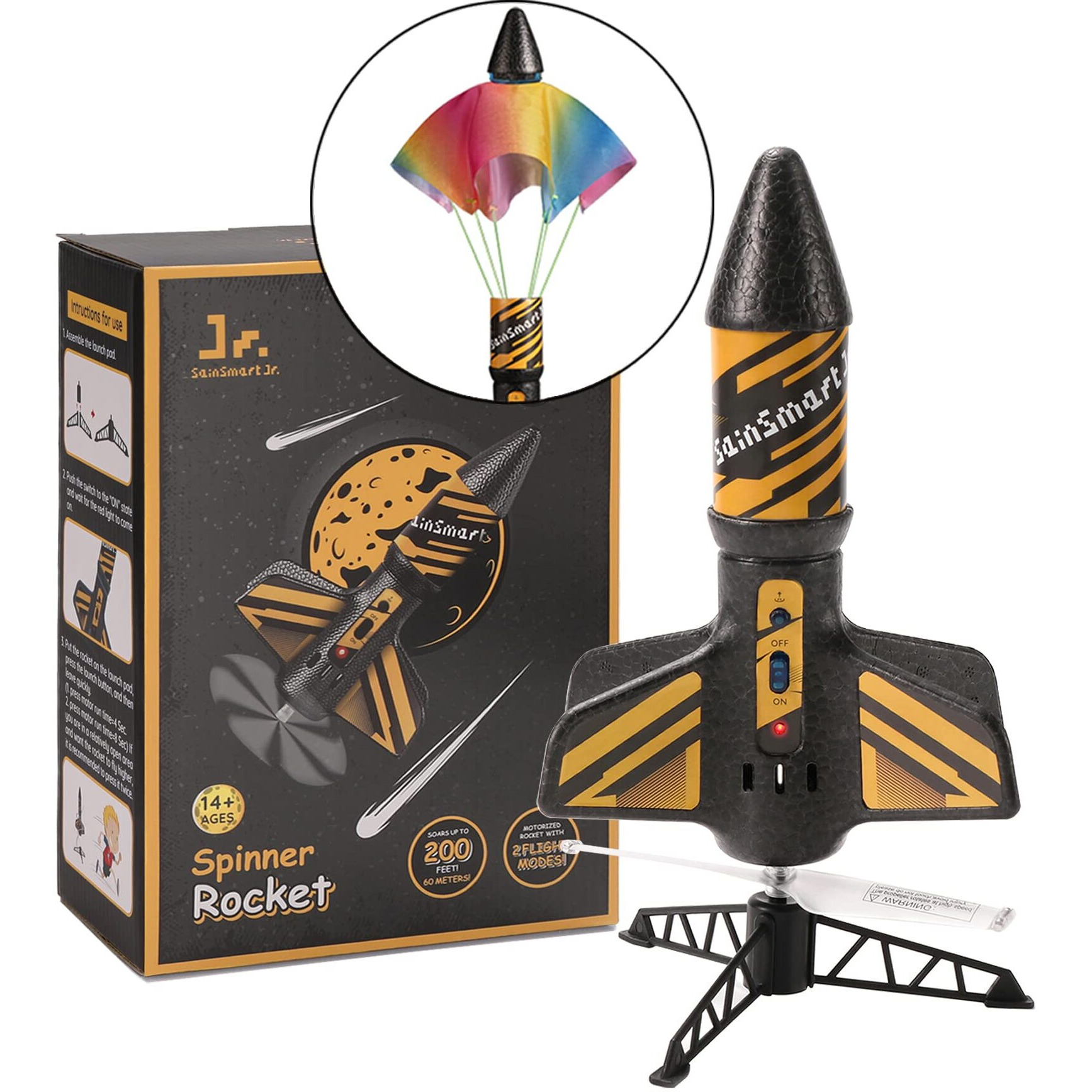 Sainsmart Jr. Rocket Launcher For Kids, 200 Feet Of Flight Altitude, Motorized Air Rocket With Parachute, Self-Launching Outdoor Toy With Safely Land, Black