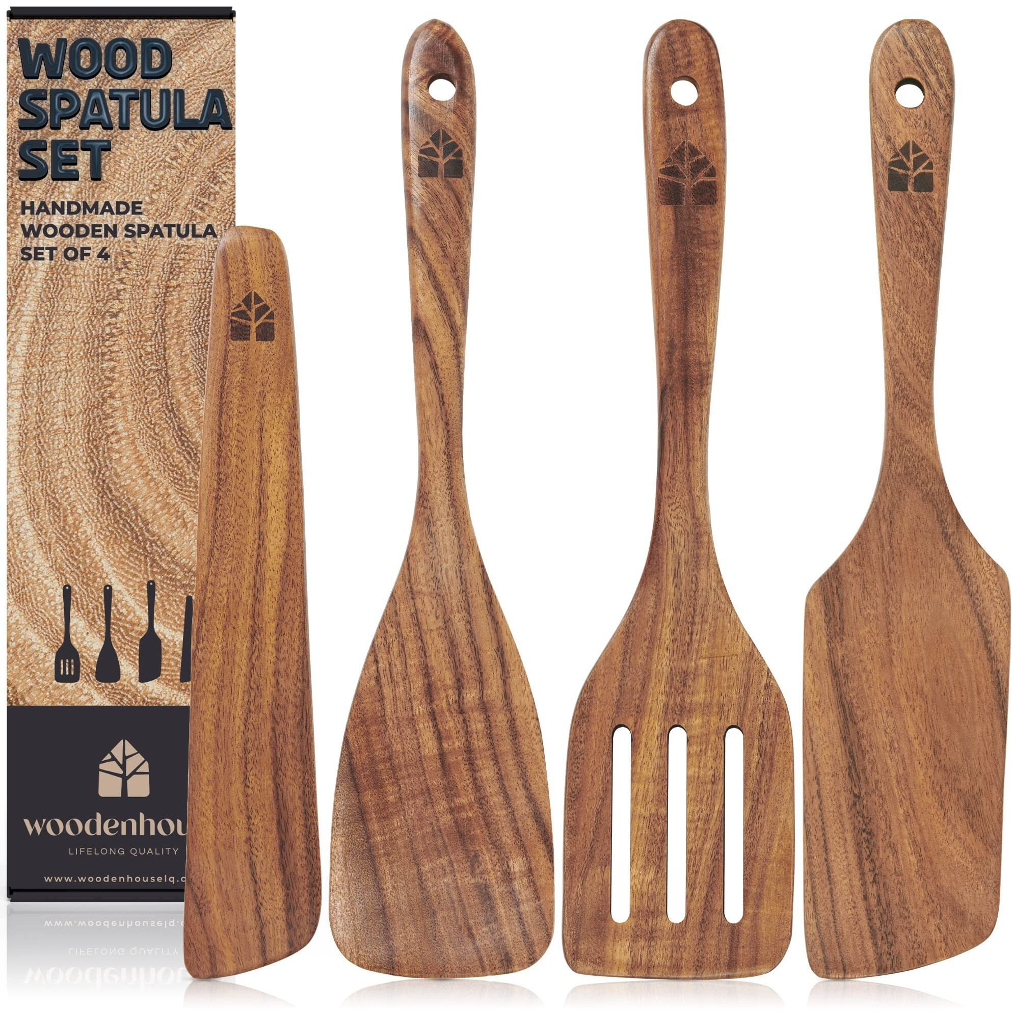 Wooden Spatula For Cooking, Kitchen Set Of 4, Natural Teak Wooden Utensils Including Paddle, Turner Spatula, Slotted Spatula And Wood Scraper. Nonstick Cookware.