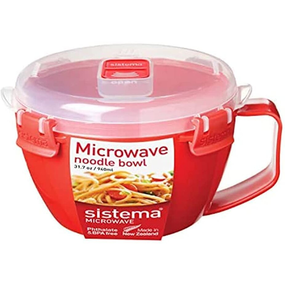 Sistema Microwave Bowl For Noddles, Pasta, And Soup With Lid And Handle, Dishwasher Safe, 31.7-Ounce, Red