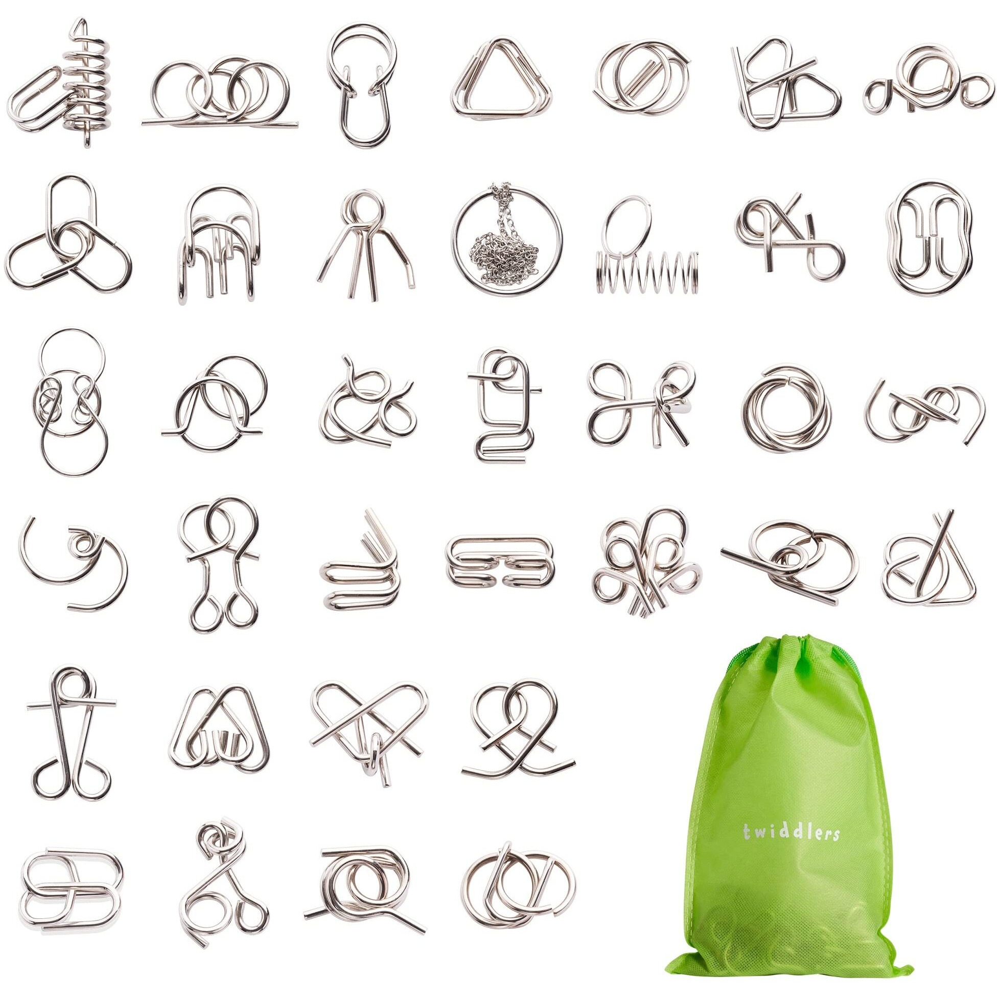 The Twiddlers 36 Metal Brain Teaser Puzzles For Kids & Adults (4 Levels) - Disentanglement Mind Teaser Puzzles With Pouch - Party Favor, Educational Gift