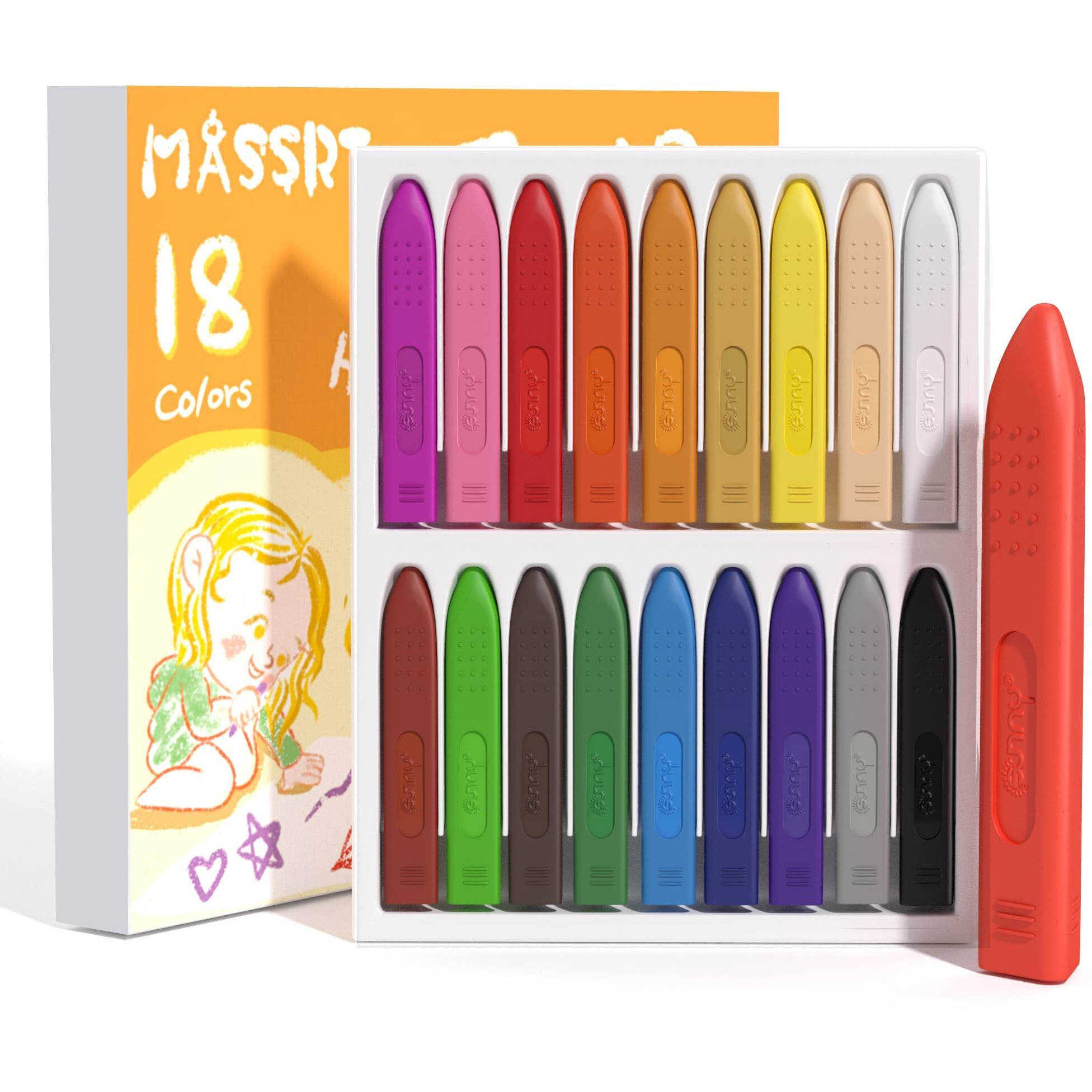 Massrt Jumbo Crayons For Toddlers, 18 Colors Mess Free Unbreakable Crayon Gifts, Easy To Hold Washable Crayons For Kids, Safe Coloring Gifts For Babies And Children