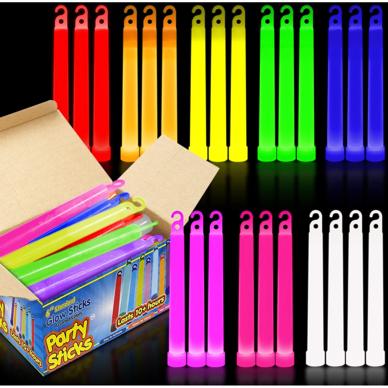 Partysticks Glow Sticks Party Supplies For Kids And Adults (25Pk Assorted) - 6 Inch Bulk Glow Light Up Sticks Party Favors, Glow In The Dark Party Decorations, Waterproof Nontoxic Glow Necklaces