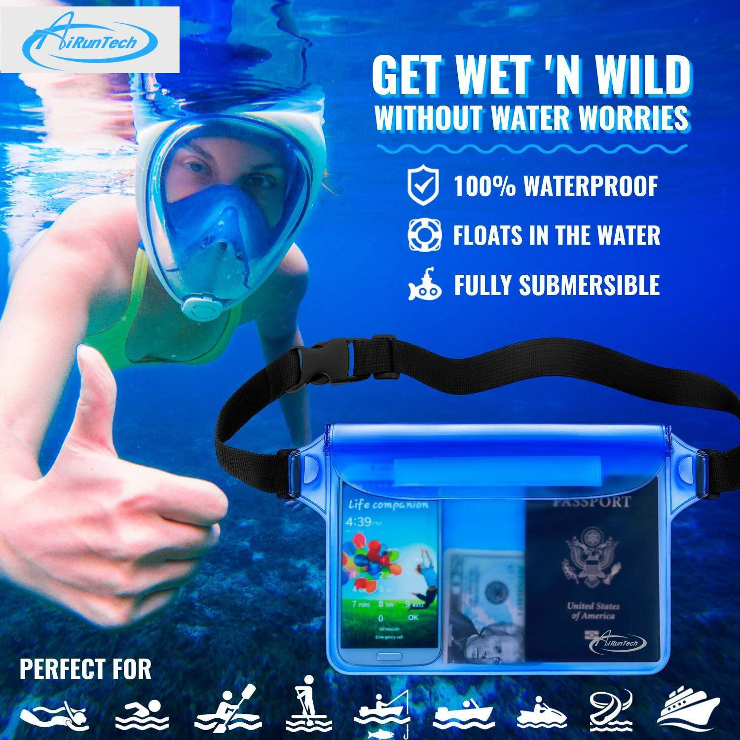 Airuntech Waterproof Pouch With Waist Strap (2 Pack) | Beach Accessories Best Way To Keep Your Phone And Valuables Safe And Dry | Perfect For Boating Swimming Snorkeling Kayaking Beach Pool Water Park