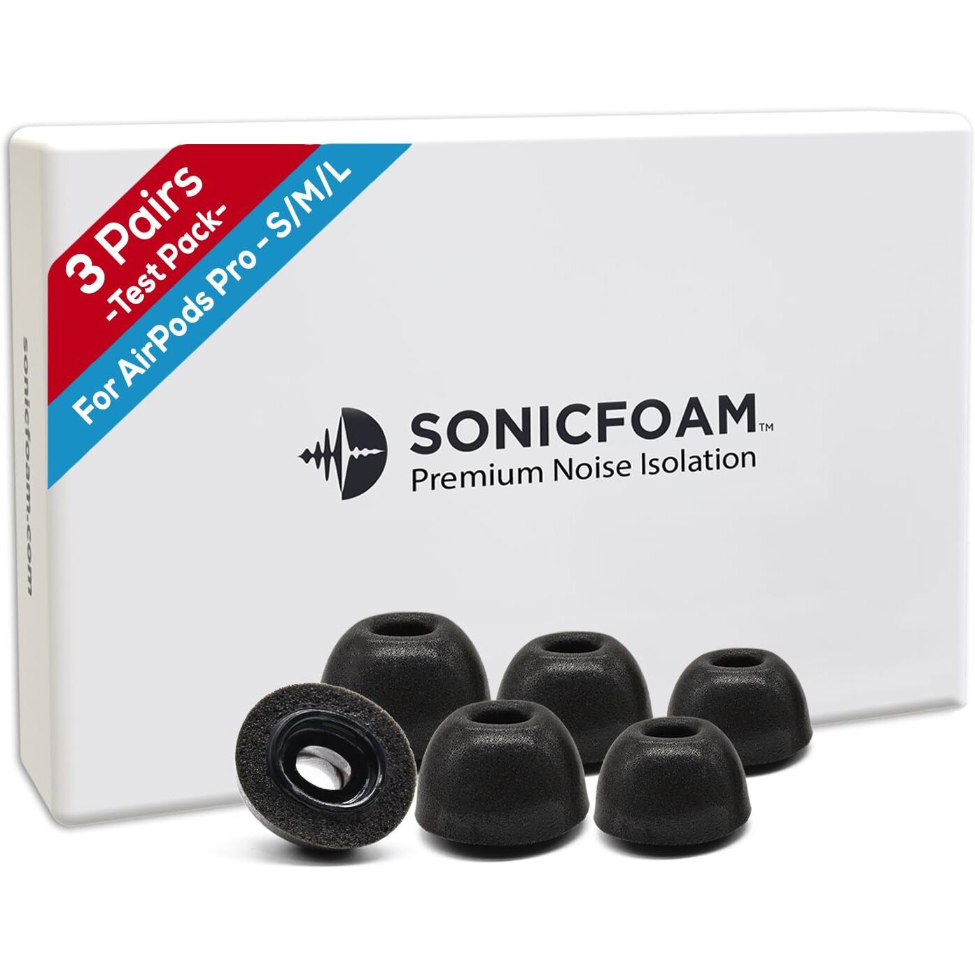 Sonicfoam Memory Foam Earbud Tips - Premium Noise Isolation, Replacement Foam Ear Tips, 3 Pairs For Airpods Pro (Sfair, S/M/L, Black, Tester Pack)